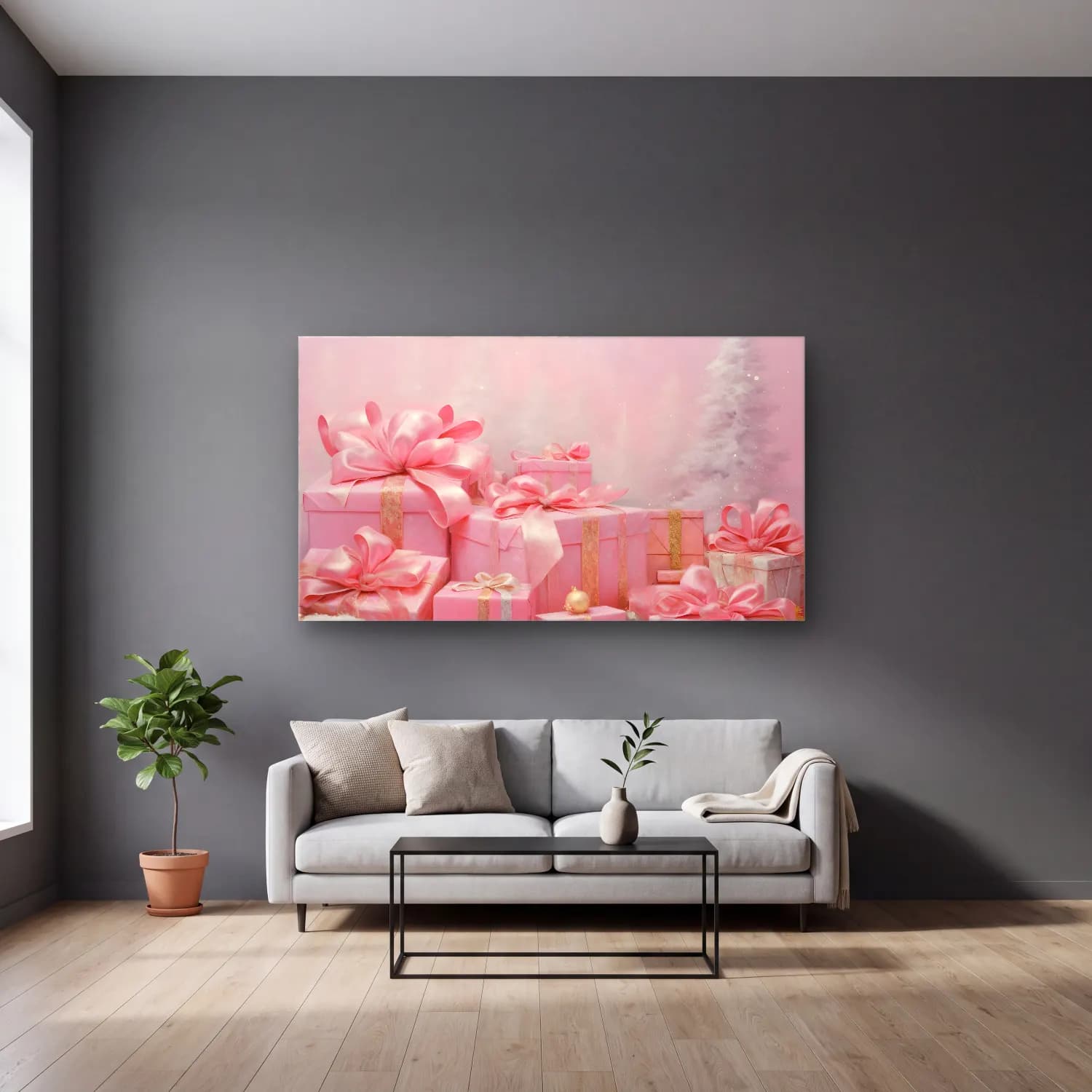 Pastel Hediye Paketleri No. 4 cam tablo — gri duvarlı salonda