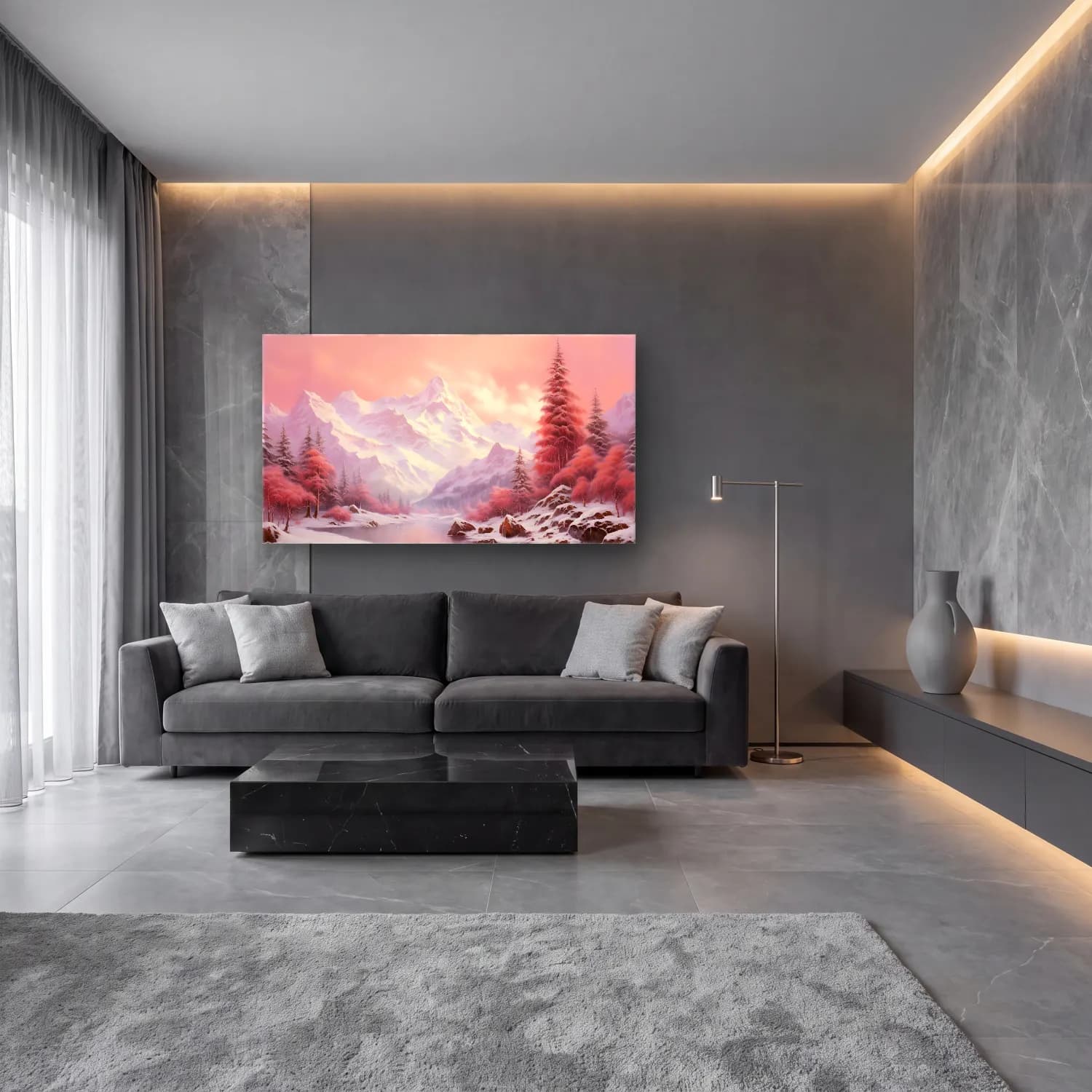 Pastel Karlı Kış Manzarası No. 7 cam tablo — lüks salon duvarında