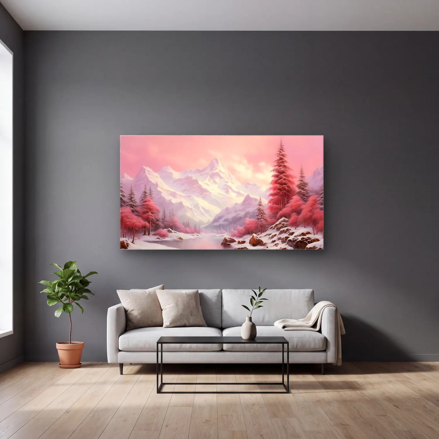 Pastel Karlı Kış Manzarası No. 7 cam tablo — gri duvarlı salonda