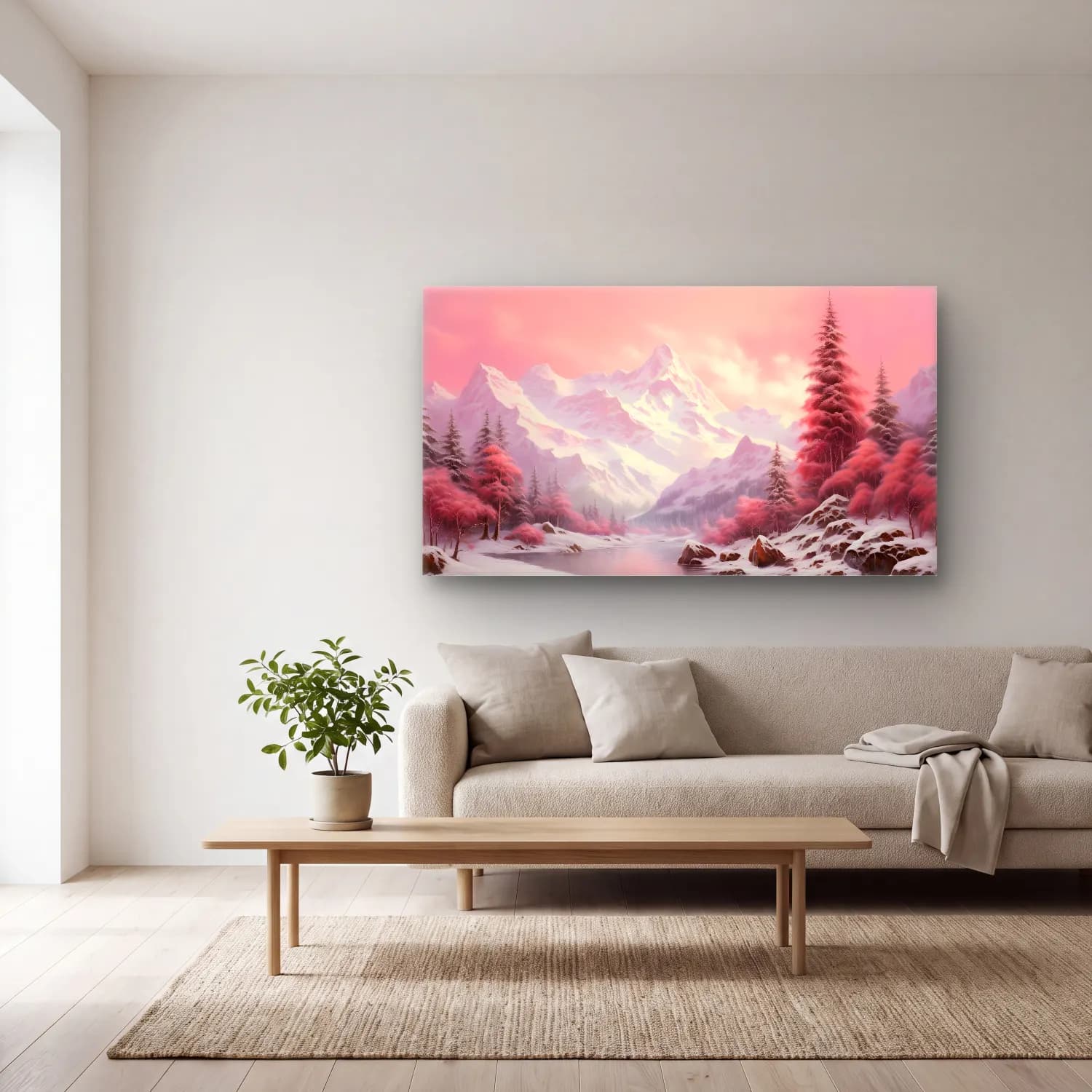 Pastel Karlı Kış Manzarası No. 7 cam tablo — açık renk salonda