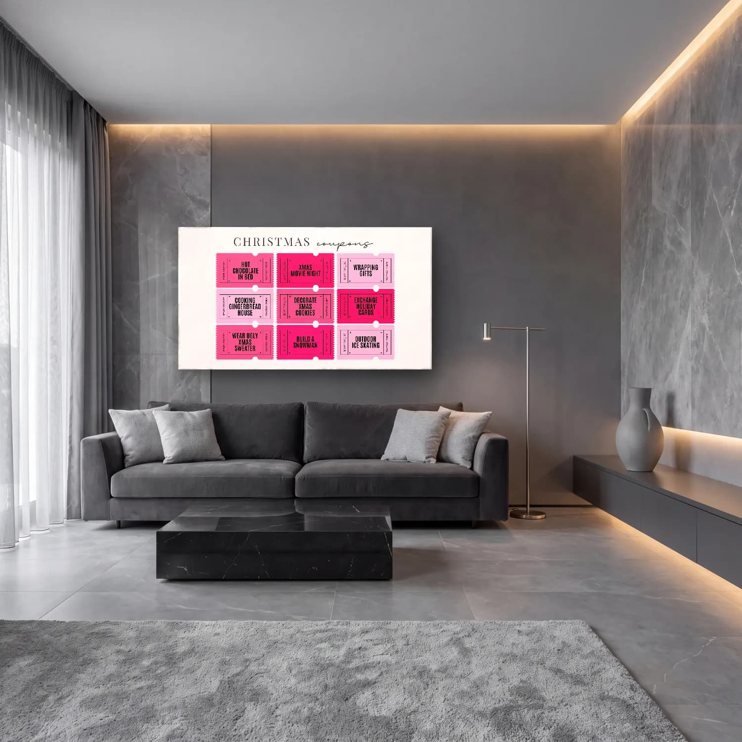 Pastel Yılbaşı Süsleri No. 23 cam tablo — lüks salon duvarında