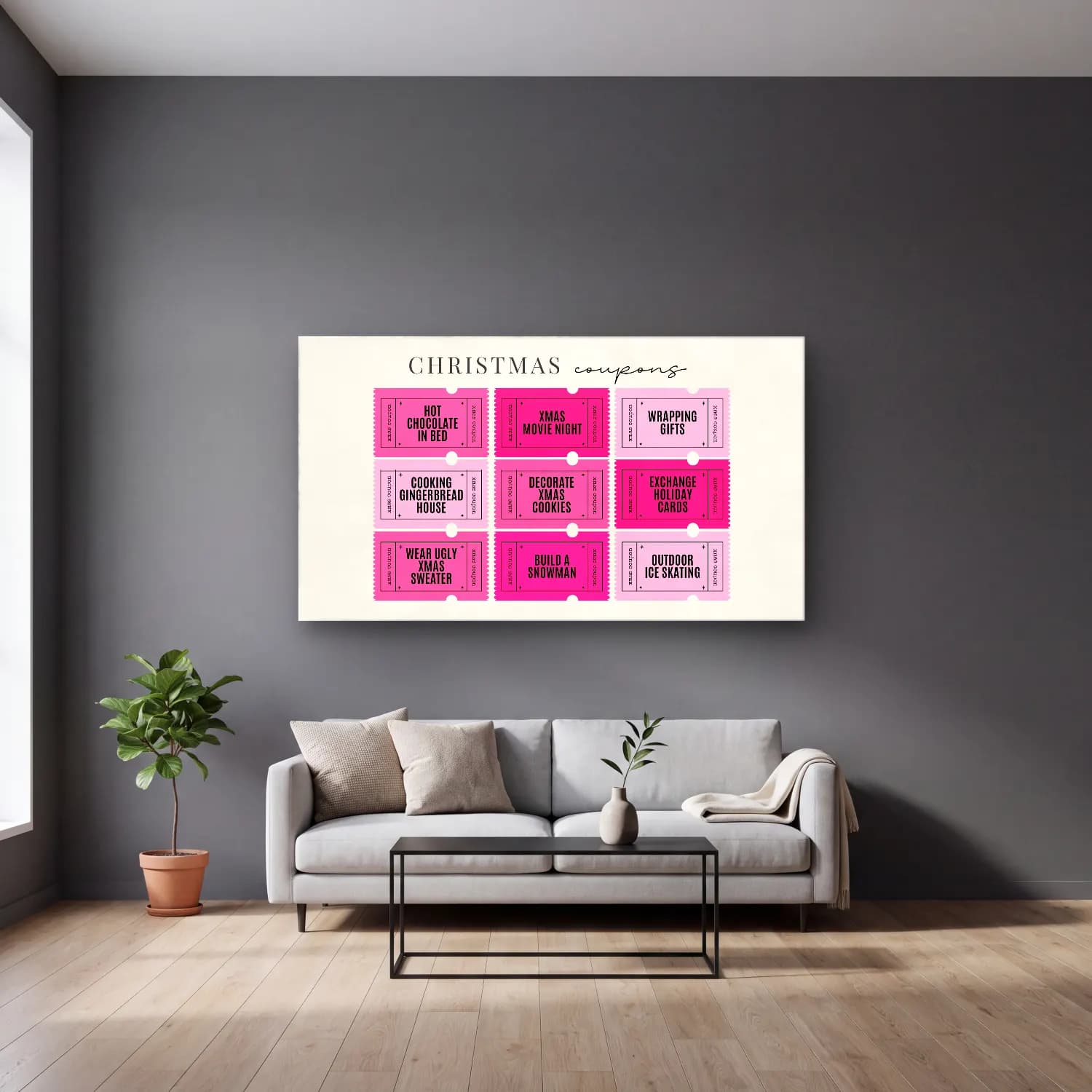 Pastel Yılbaşı Süsleri No. 23 cam tablo — gri duvarlı salonda