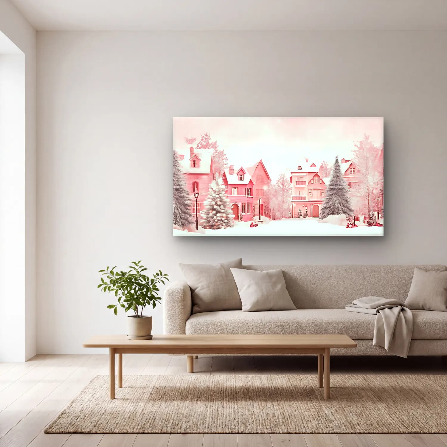 Pastel Karlı Kış Manzarası No. 12 cam tablo — açık renk salonda