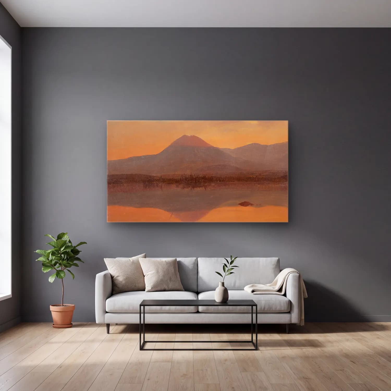 Frederic Edwin Church – Mt. Katahdin from Lake Katahdin cam tablo — gri duvarlı salonda
