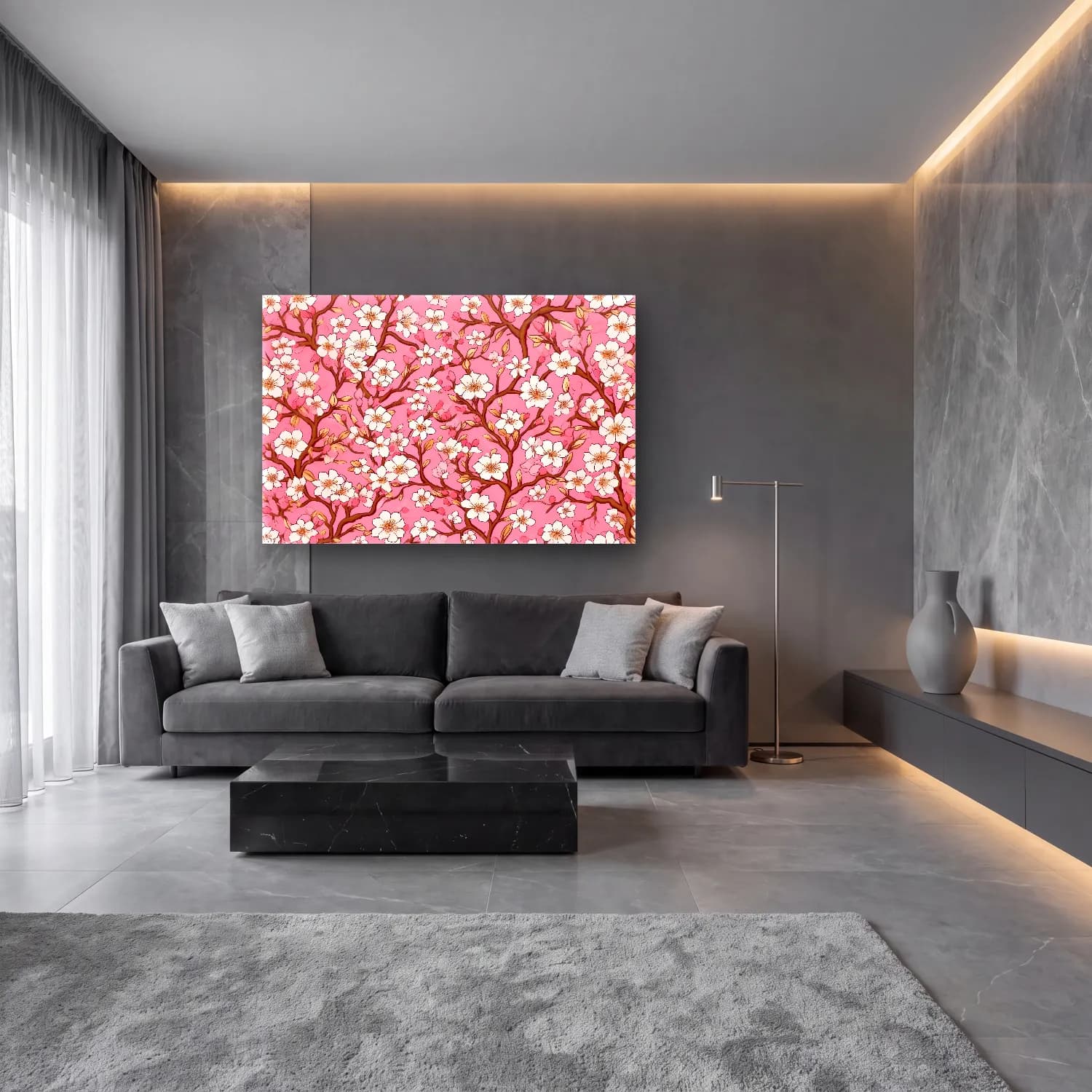 Pastel Kiraz Çiçekleri No. 23 cam tablo — lüks salon duvarında
