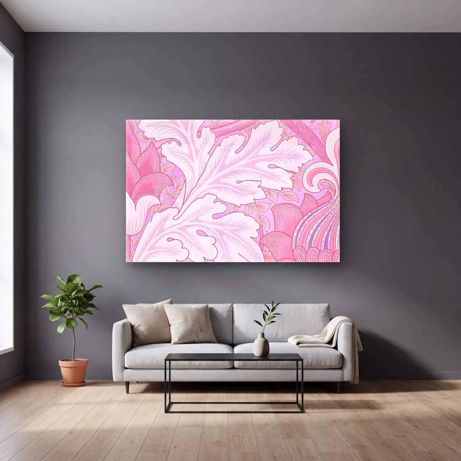 Pastel Çiçek Deseni No. 220 cam tablo — gri duvarlı salonda