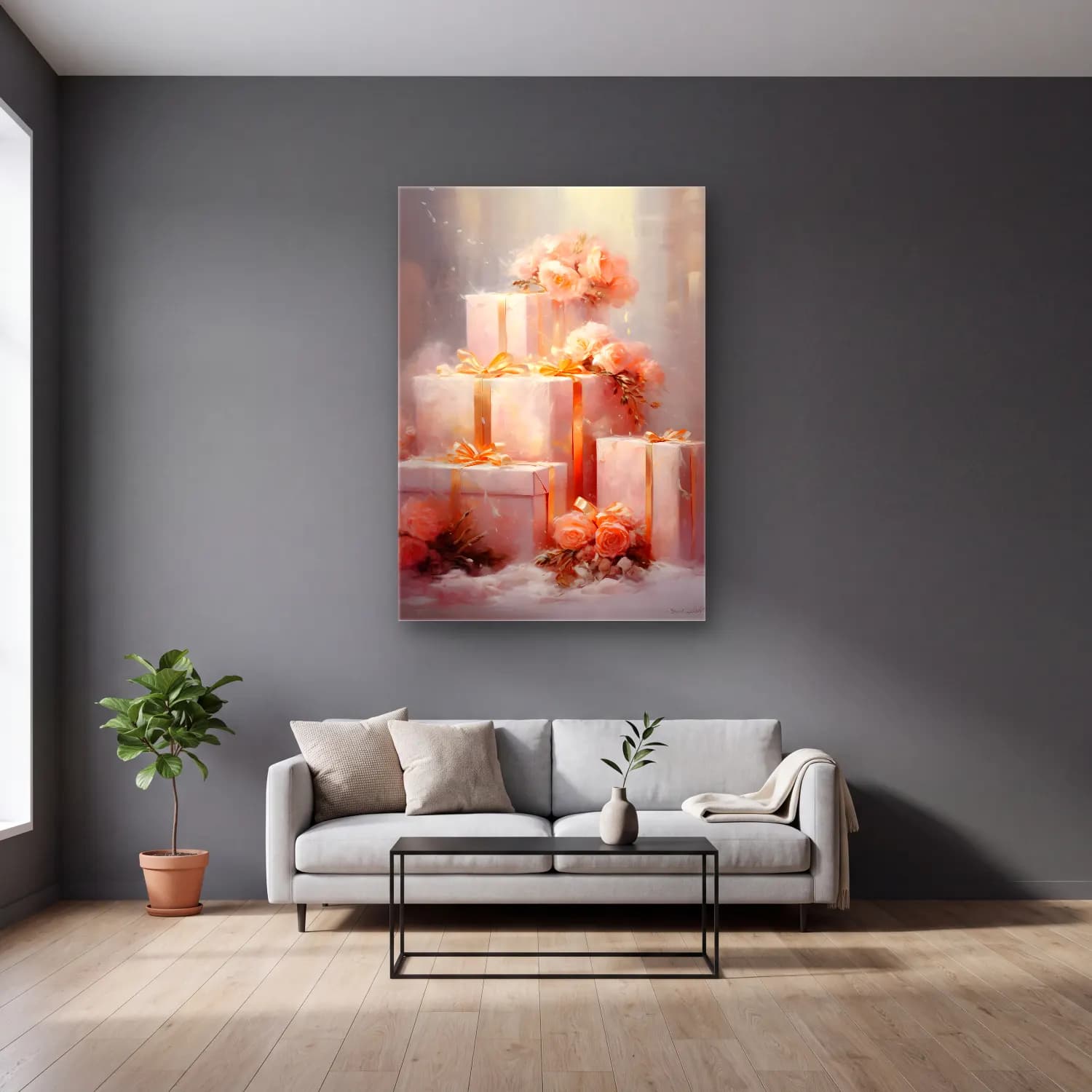 Pastel Hediye Paketleri No. 23 cam tablo — gri duvarlı salonda