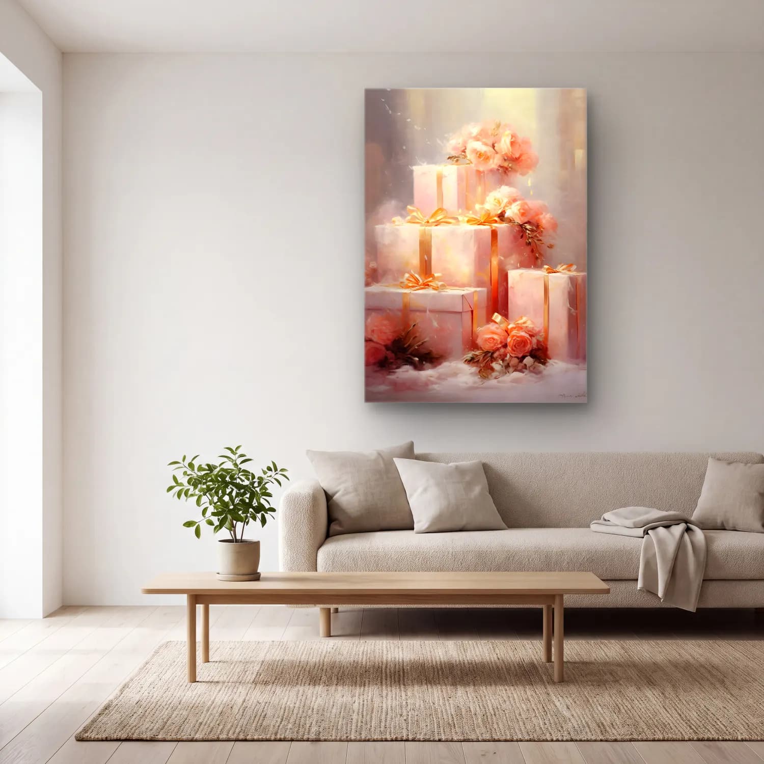 Pastel Hediye Paketleri No. 23 cam tablo — açık renk salonda