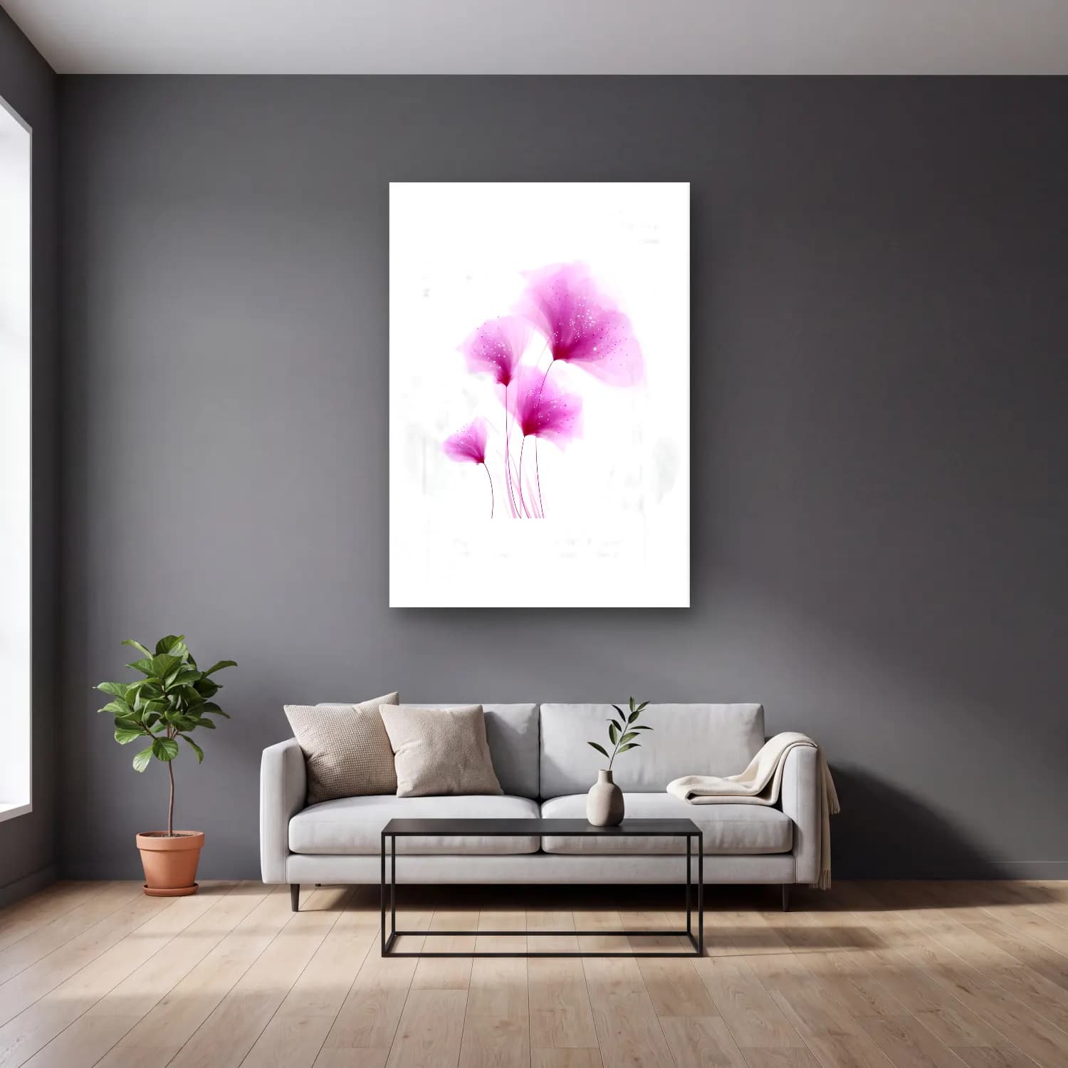 Pastel Zambaklar No. 6 cam tablo — gri duvarlı salonda
