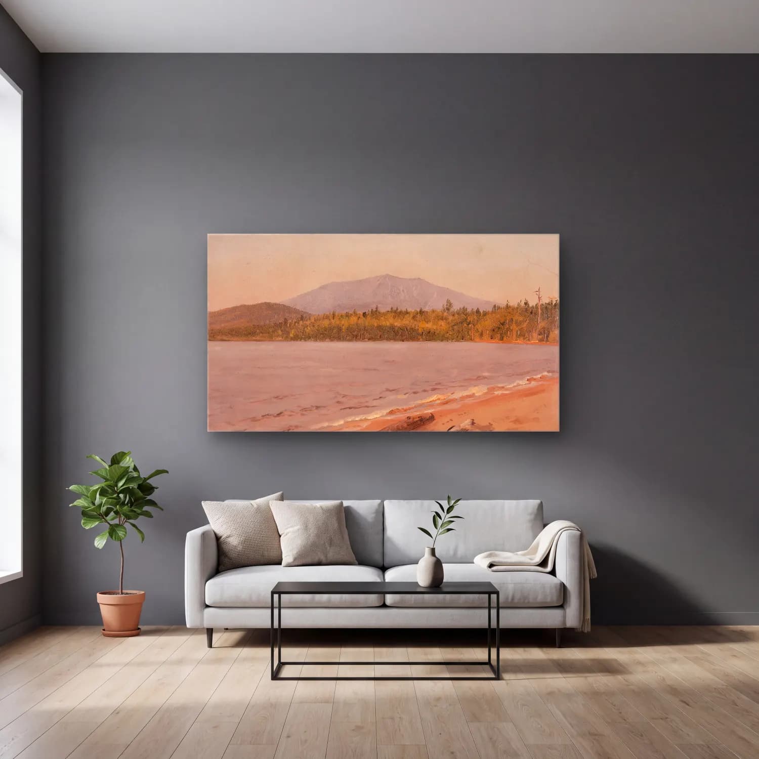 Frederic Edwin Church – Mt. Katahdin from Togue Pond (possibly 1878) cam tablo — gri duvarlı salonda