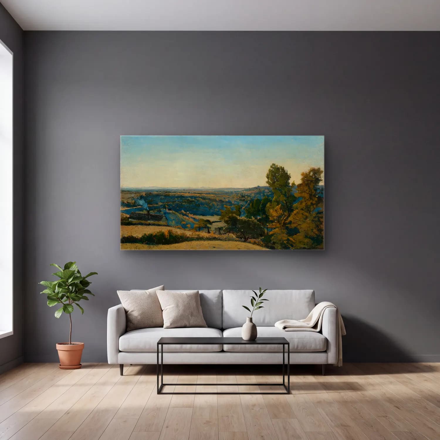 Henri-Joseph Harpignies – Französische Landschaft cam tablo — gri duvarlı salonda