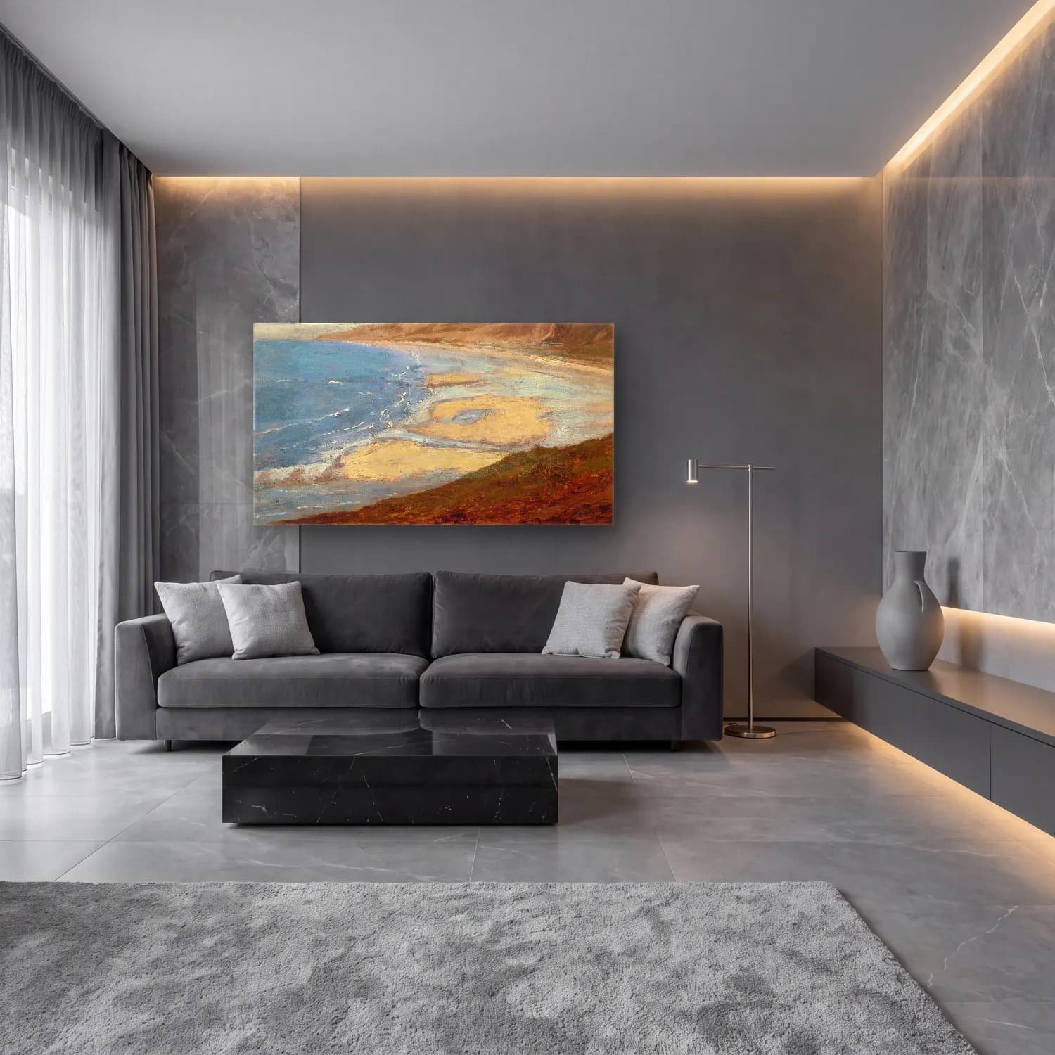 Empresyonist Dalgalı Sahil – Pastel Tonlar cam tablo — lüks salon duvarında