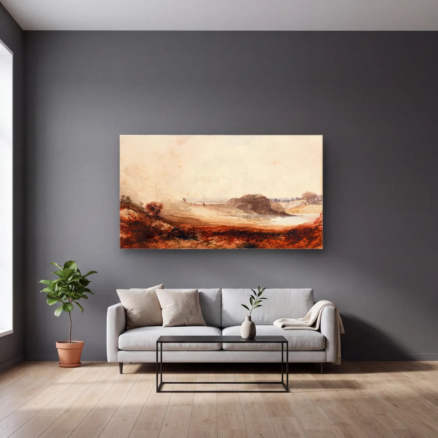 Thomas Moran – Alpine Landscape cam tablo — gri duvarlı salonda
