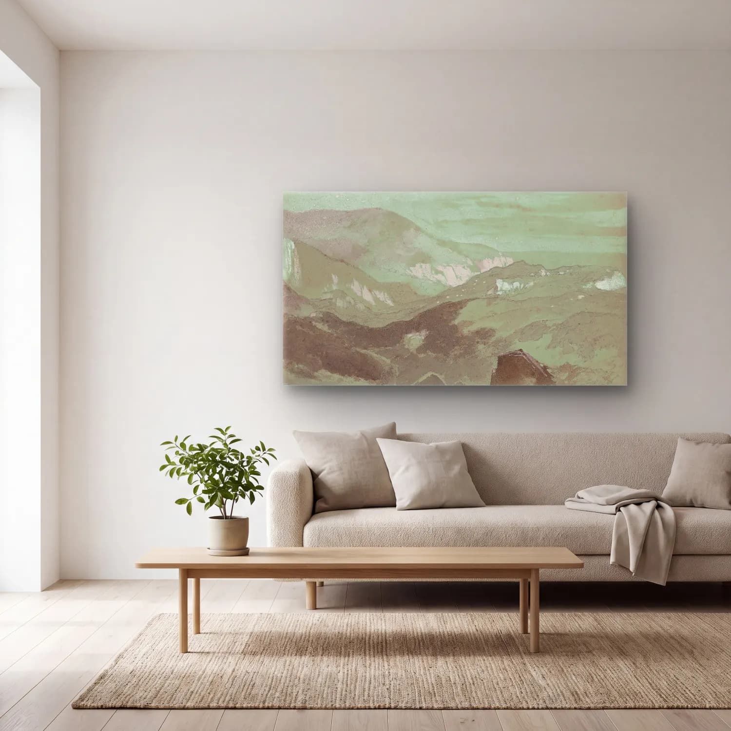 Thomas Moran – Cliffs of Ecclesbourne Near Hastings cam tablo — açık renk salonda