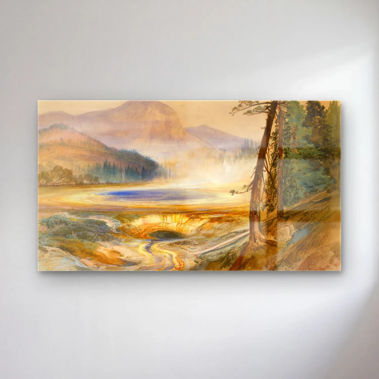 Thomas Moran – Excelsior Geyser, Yellowstone Park cam tablo — Thomas Moran – Excelsior Geyser, Yellowstone Park — suluboya göl ve dağlar
