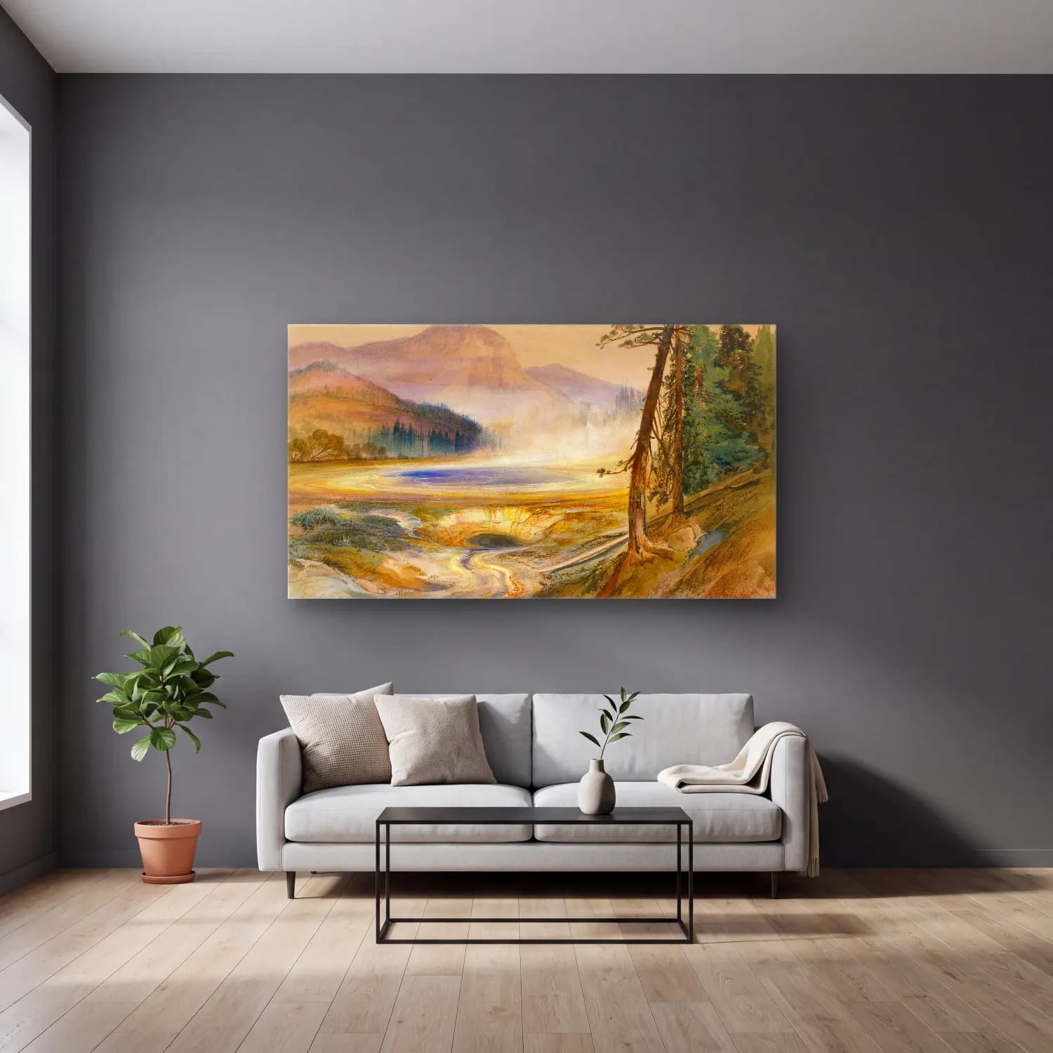 Thomas Moran – Excelsior Geyser, Yellowstone Park cam tablo — gri duvarlı salonda