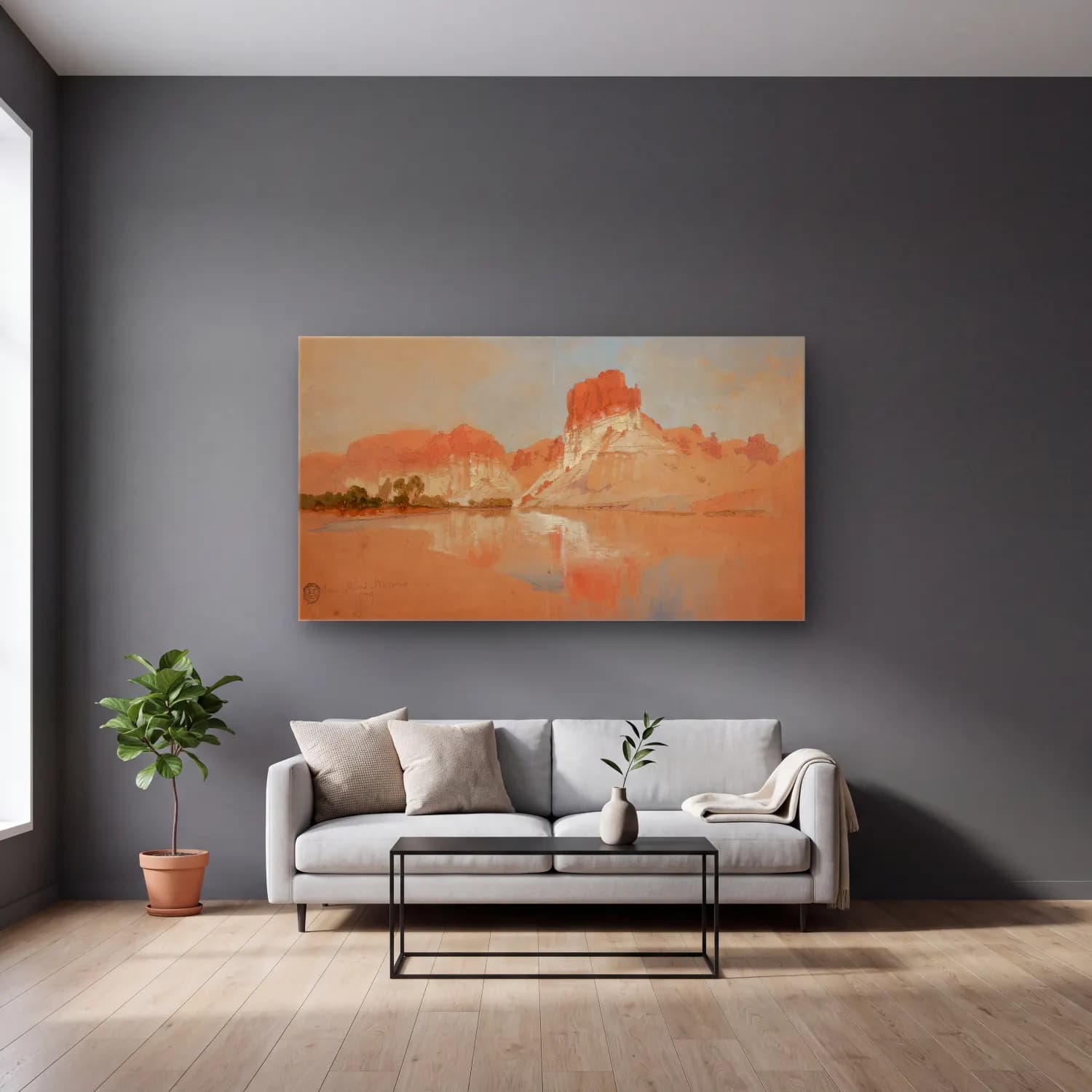 Thomas Moran – Green River, Wyoming Territory cam tablo — gri duvarlı salonda