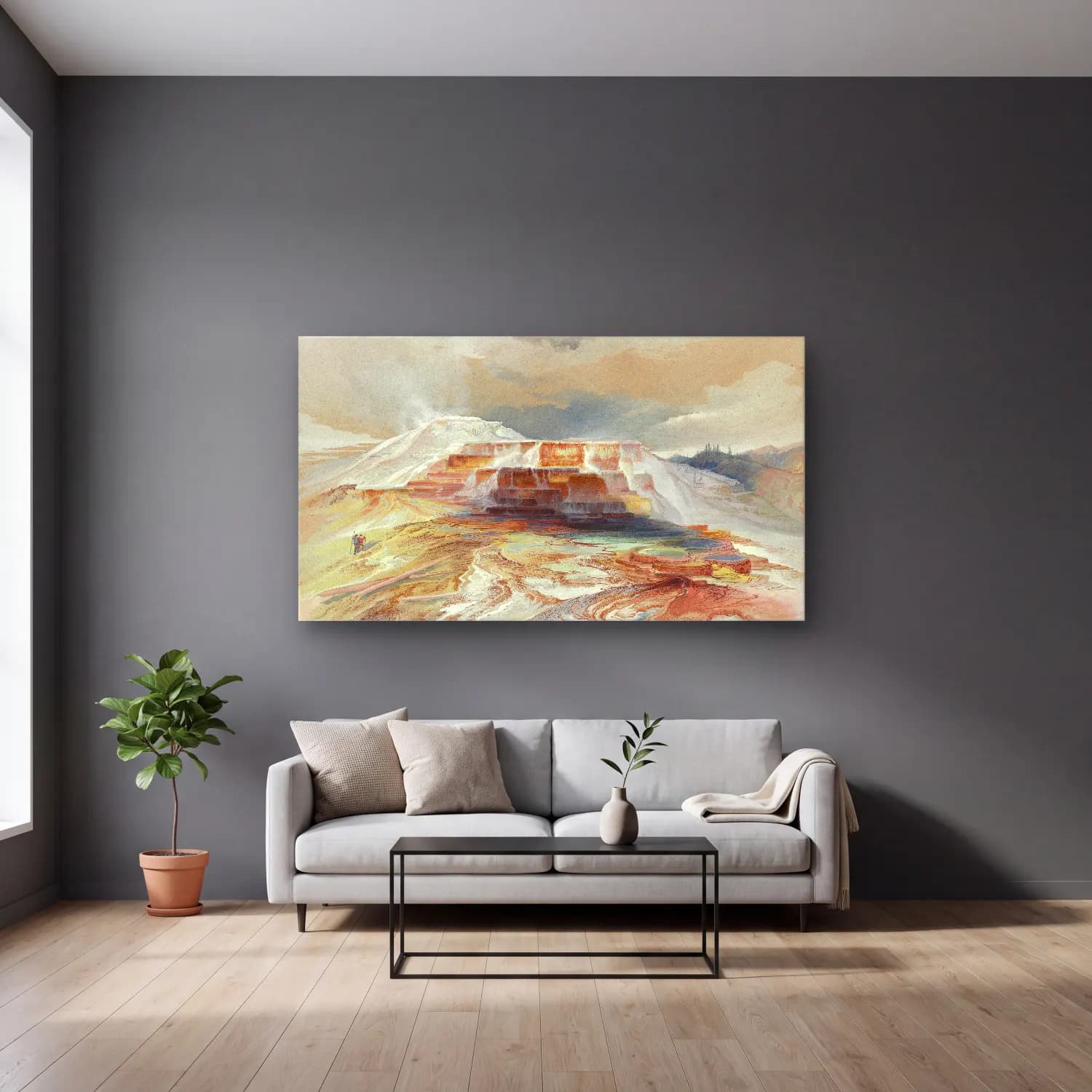 Thomas Moran – Hot Springs of Gardiner’s River, Yellowstone cam tablo — gri duvarlı salonda