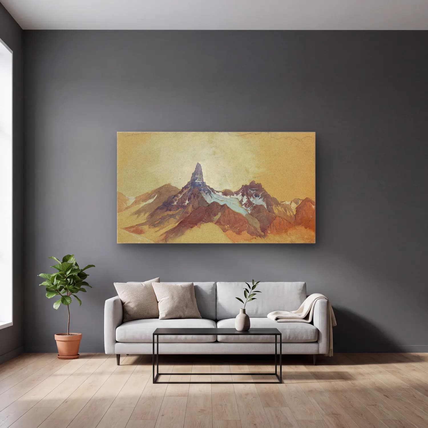 Thomas Moran – Index Peak, Clark’s Fork, Wyoming cam tablo — gri duvarlı salonda