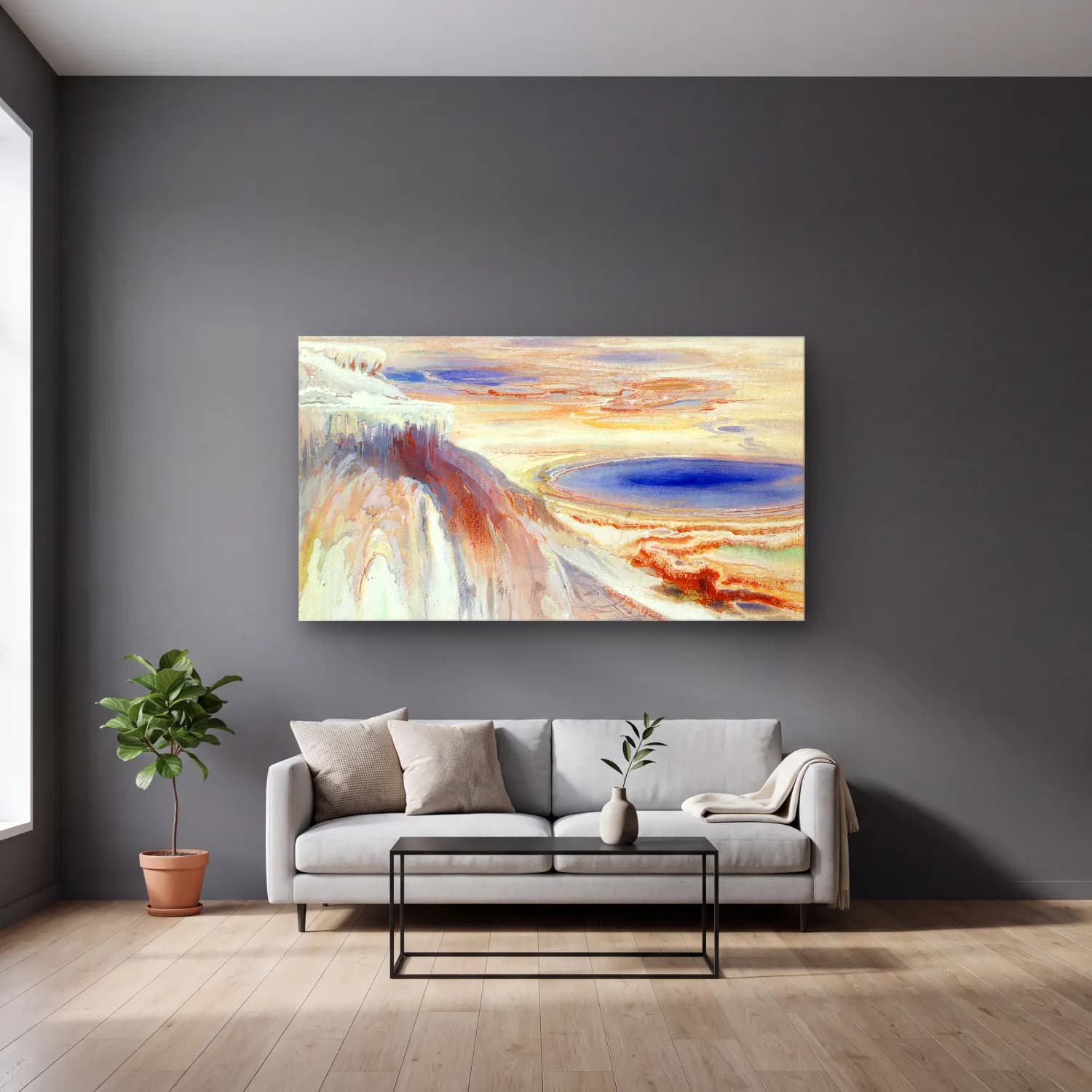 Thomas Moran – Mammoth Hot Springs, Yellowstone cam tablo — gri duvarlı salonda