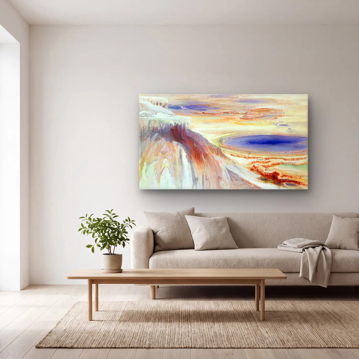 Thomas Moran – Mammoth Hot Springs, Yellowstone cam tablo — açık renk salonda