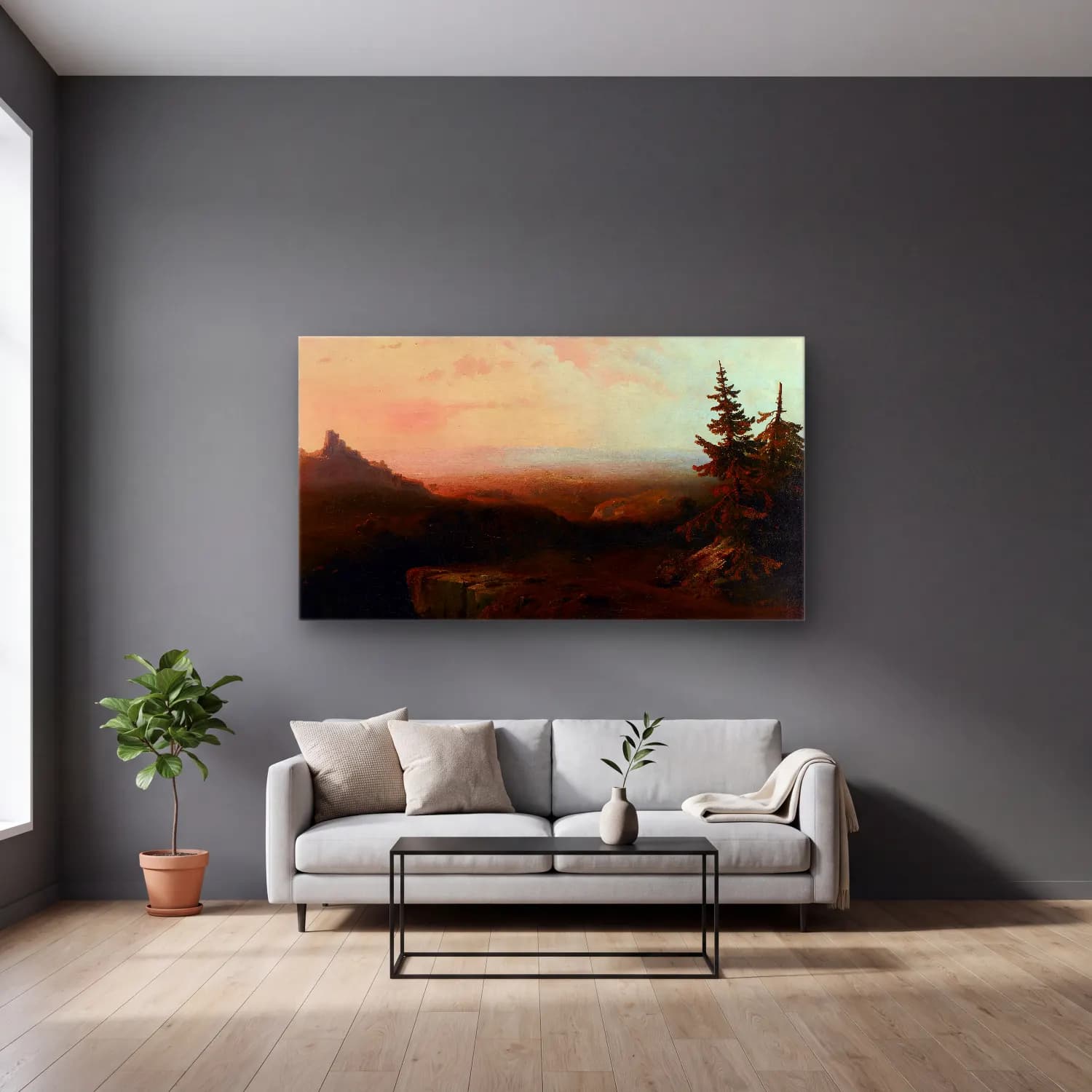 Thomas Moran – Mountain Scene cam tablo — gri duvarlı salonda