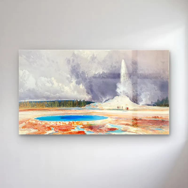Thomas Moran – Old Castle Geyser (ca. 1874) cam tablo — Thomas Moran – Old Castle Geyser (ca. 1874) — suluboya dağ manzarası