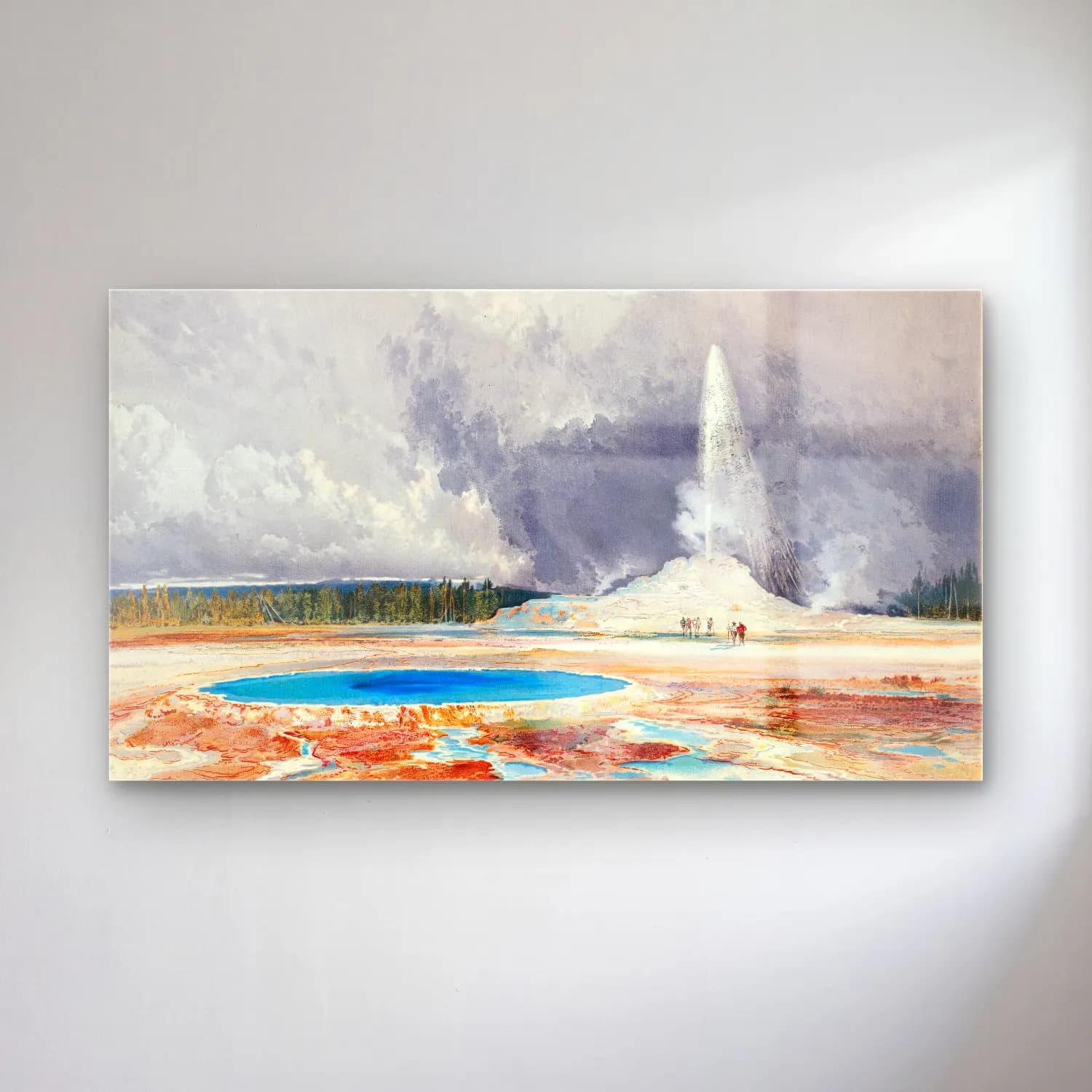 Thomas Moran – Old Castle Geyser (ca. 1874) cam tablo — Thomas Moran – Old Castle Geyser (ca. 1874) — suluboya dağ manzarası