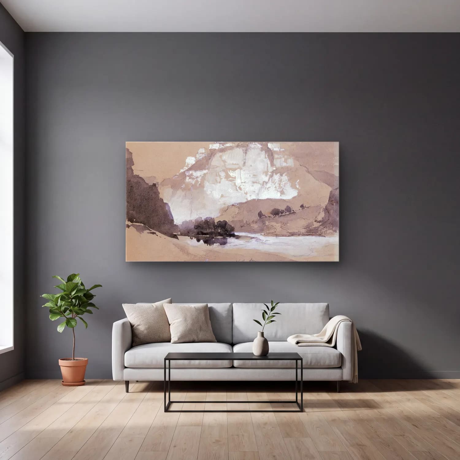 Thomas Moran – The Cañon Of The Belle Fourche, Wyoming cam tablo — gri duvarlı salonda