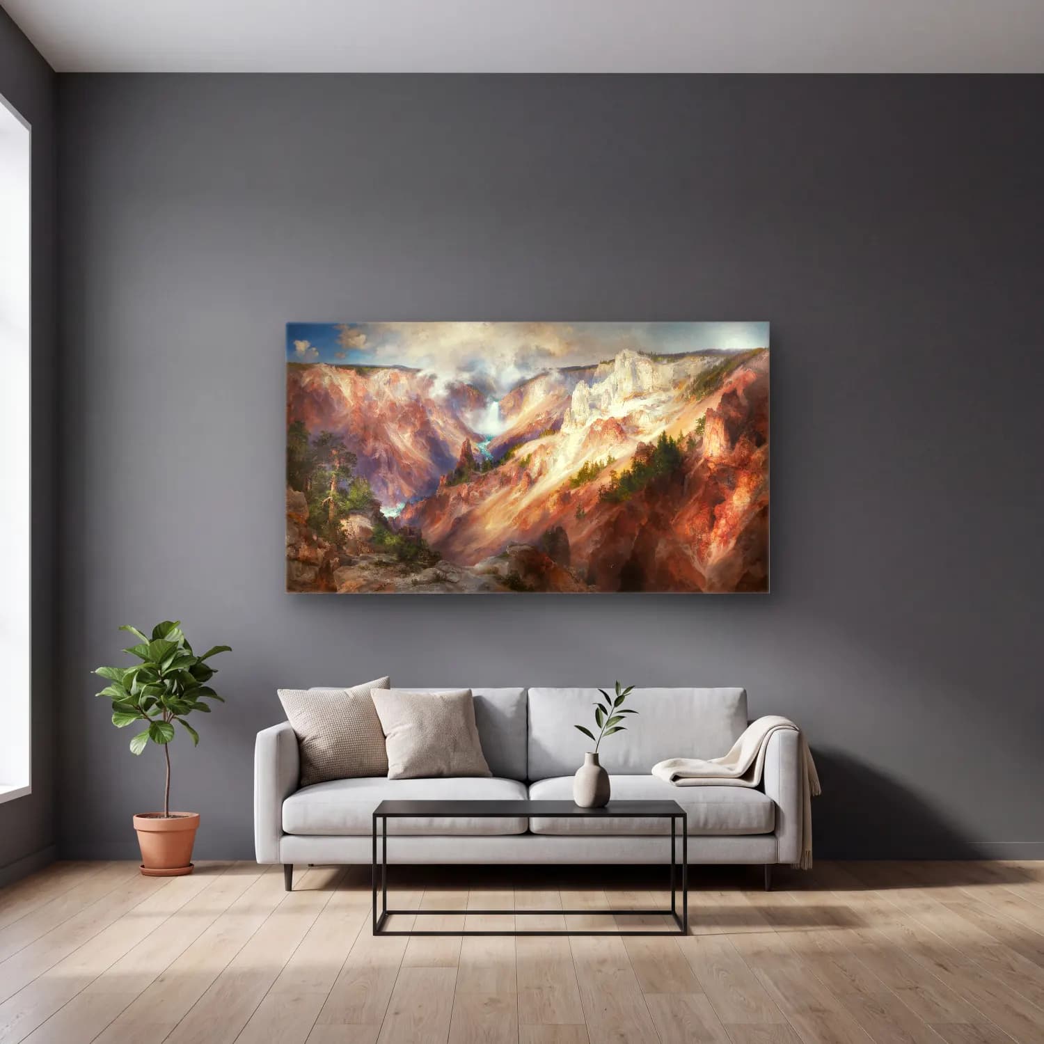 Thomas Moran – The Grand Canyon Of The Yellowstone cam tablo — gri duvarlı salonda