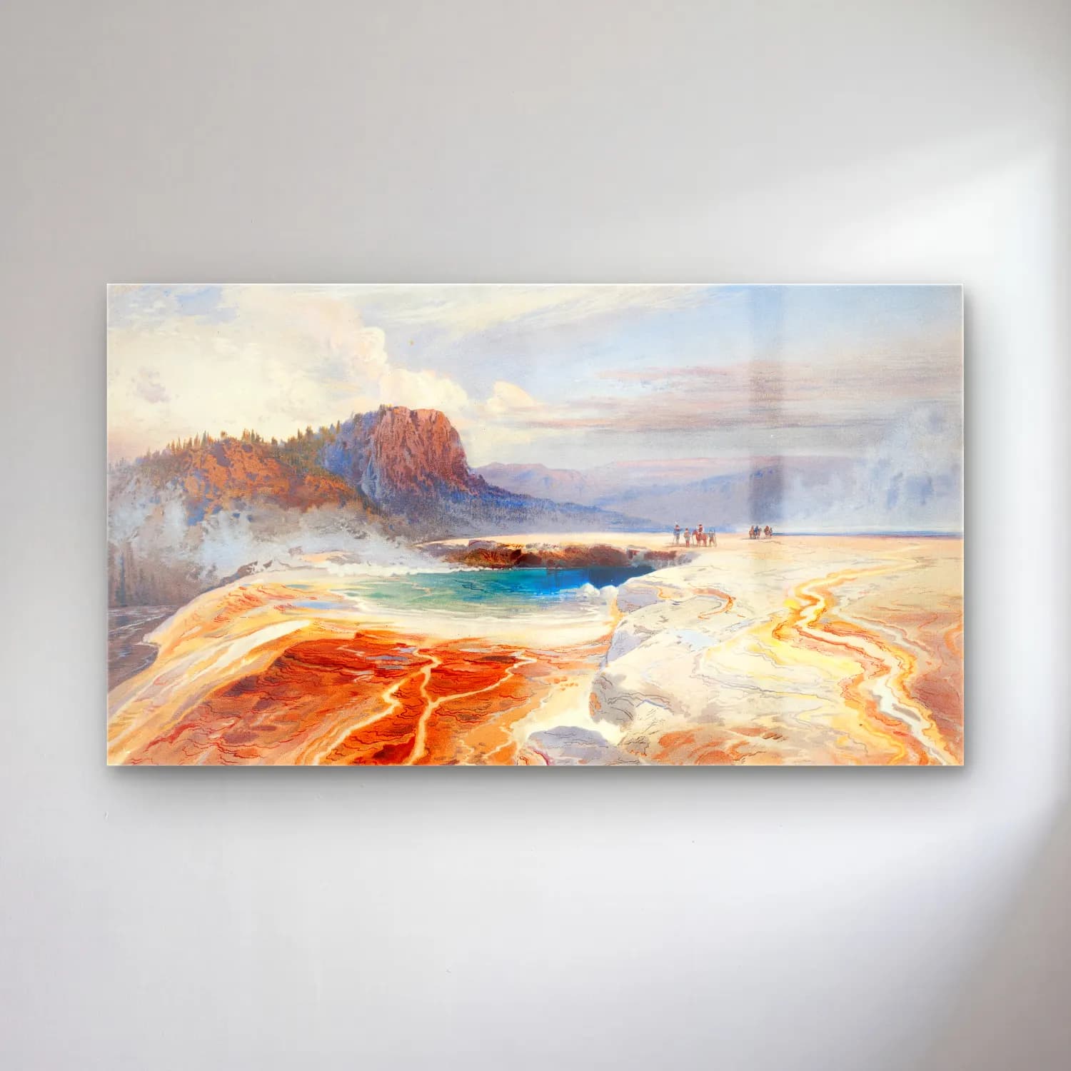Thomas Moran – The Great Blue Spring of the Lower Geyser Basin,… cam tablo — Thomas Moran – The Great Blue Spring of the Lower Geyser Basin,… — suluboya dağ manzarası