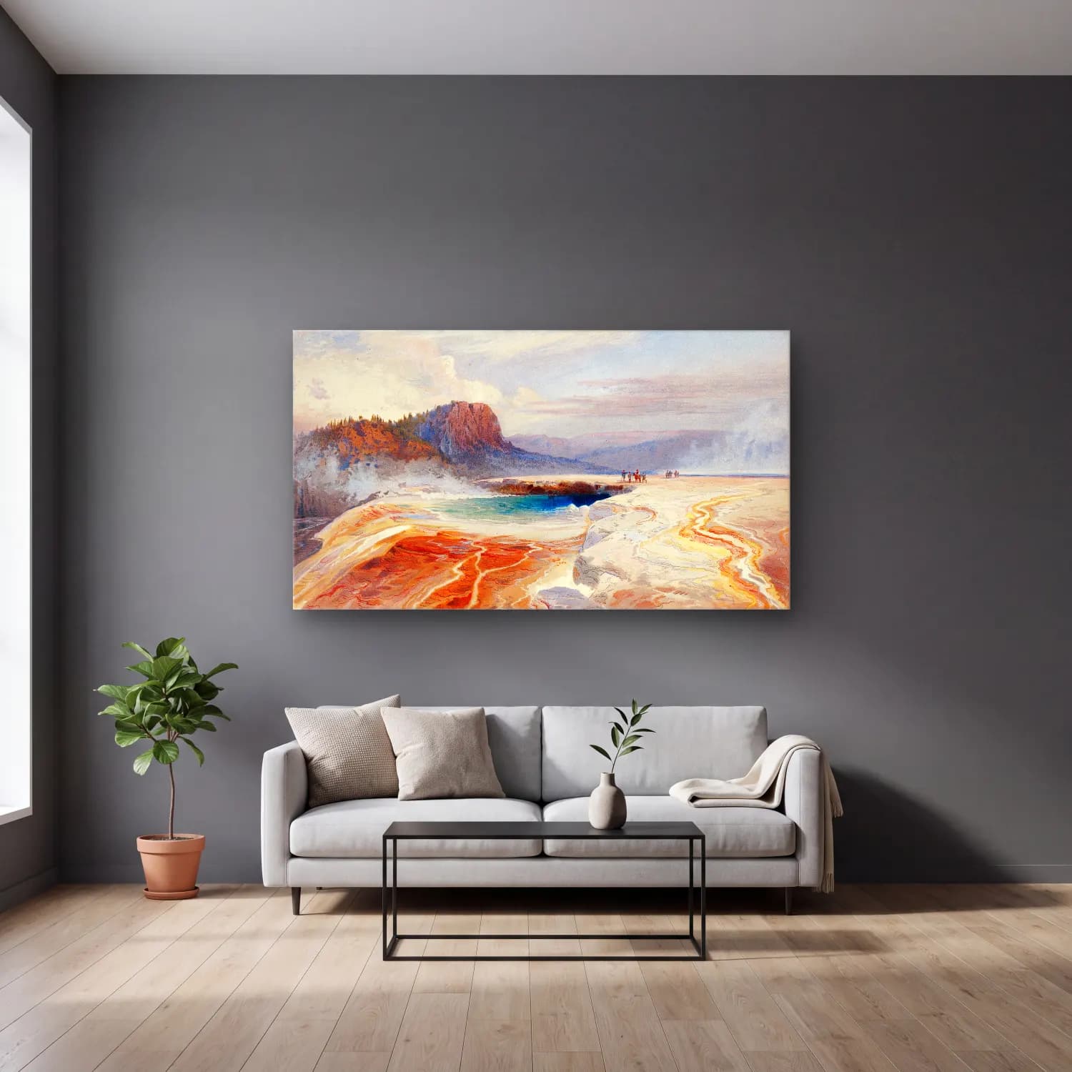 Thomas Moran – The Great Blue Spring of the Lower Geyser Basin,… cam tablo — gri duvarlı salonda