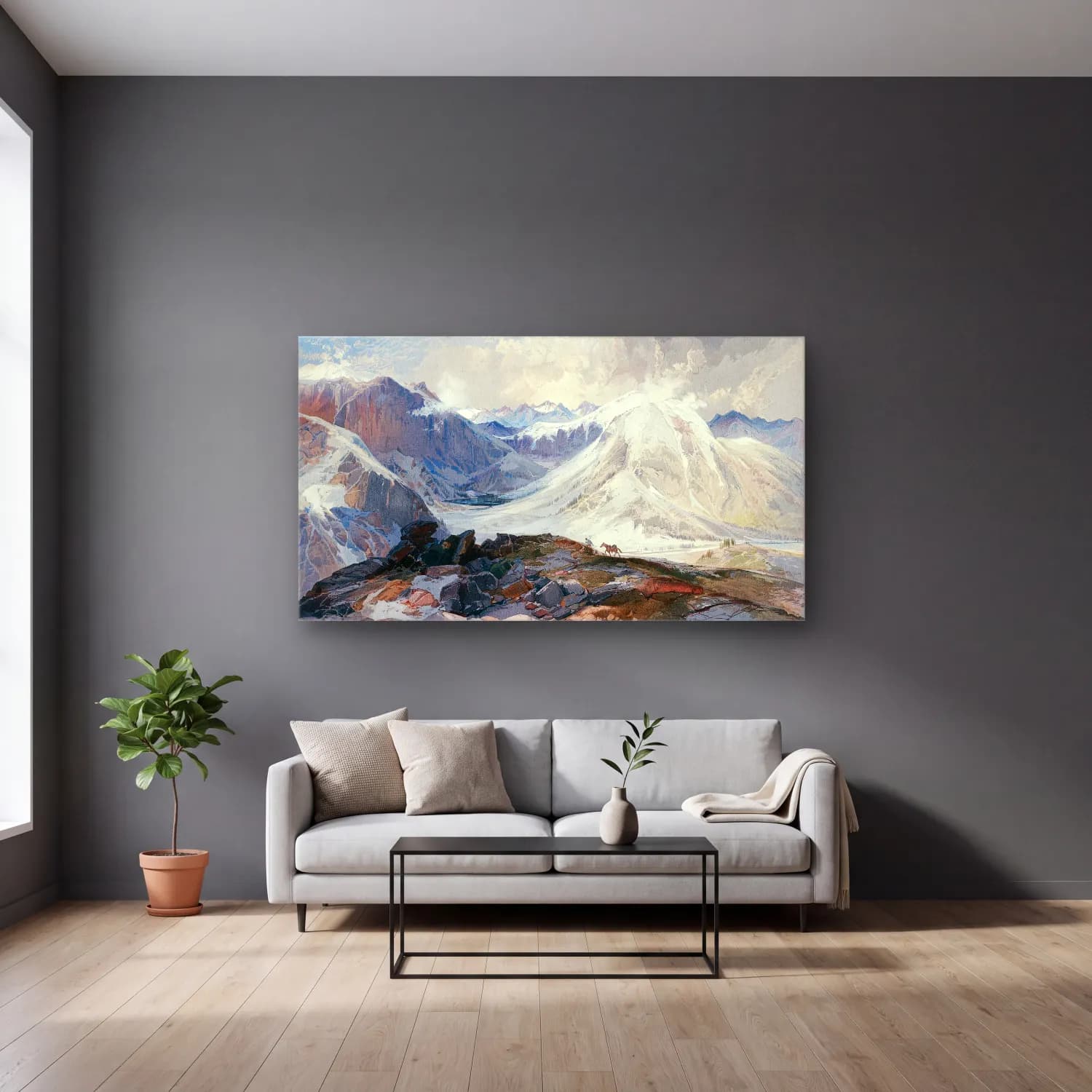 Thomas Moran – The Mosquito Trail, Rocky Mountains of Colorado, Elevation… cam tablo — gri duvarlı salonda