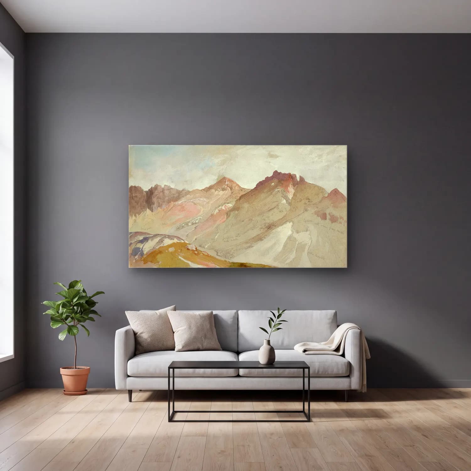 Thomas Moran – The Upper End of Little Cottonwood Canyon, Wasatch Range,… cam tablo — gri duvarlı salonda
