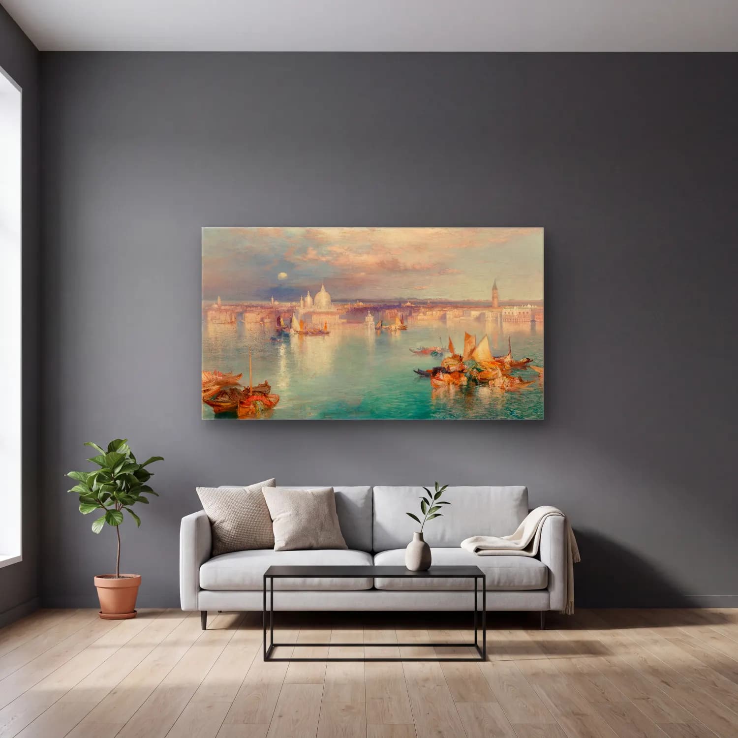 Thomas Moran – Venetian Scene – Turkuaz Tonlar cam tablo — gri duvarlı salonda