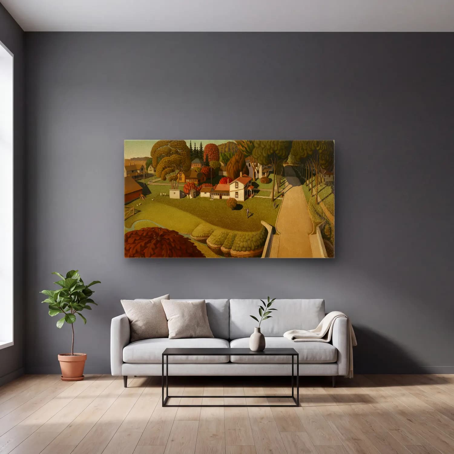 Grant Wood – The Birthplace of Herbert Hoover, West Branch, Iowa cam tablo — gri duvarlı salonda