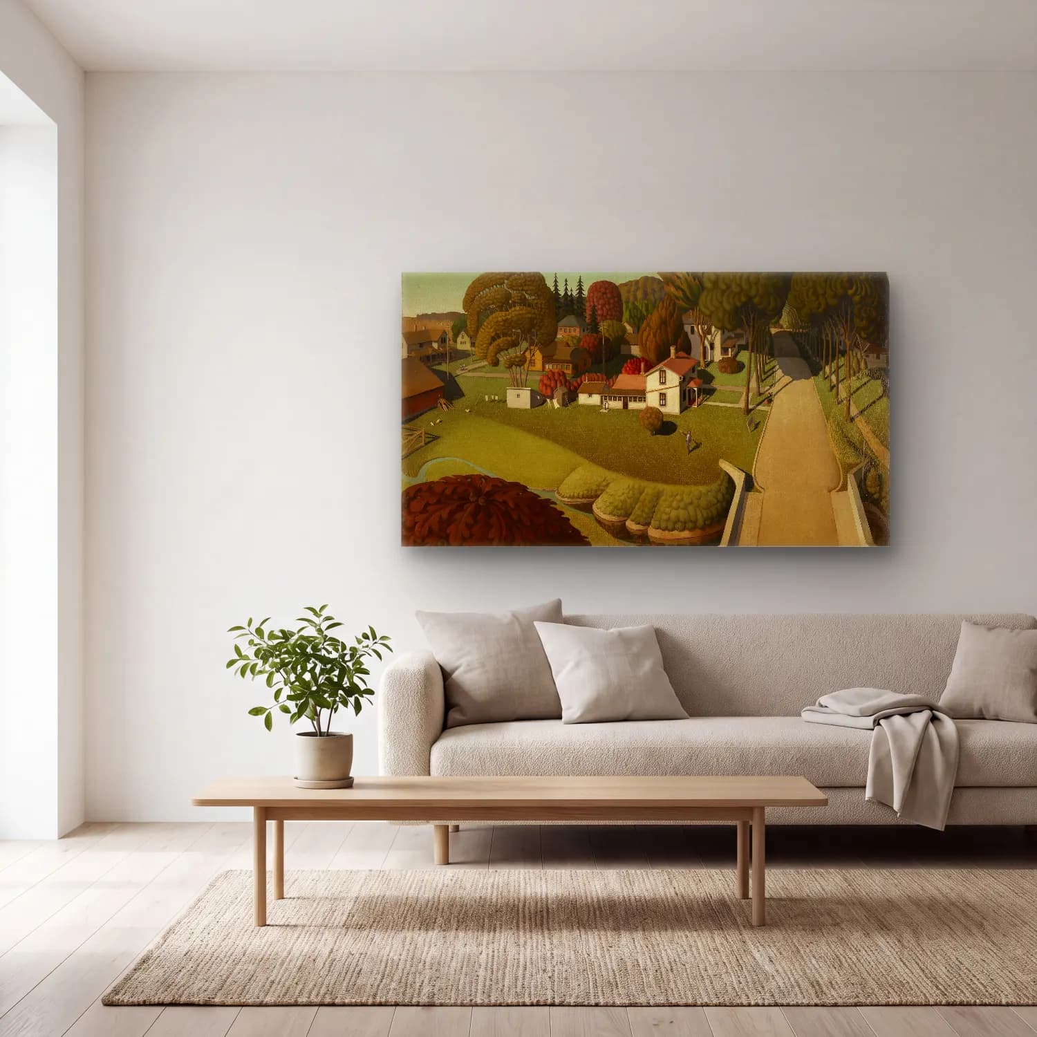 Grant Wood – The Birthplace of Herbert Hoover, West Branch, Iowa cam tablo — açık renk salonda