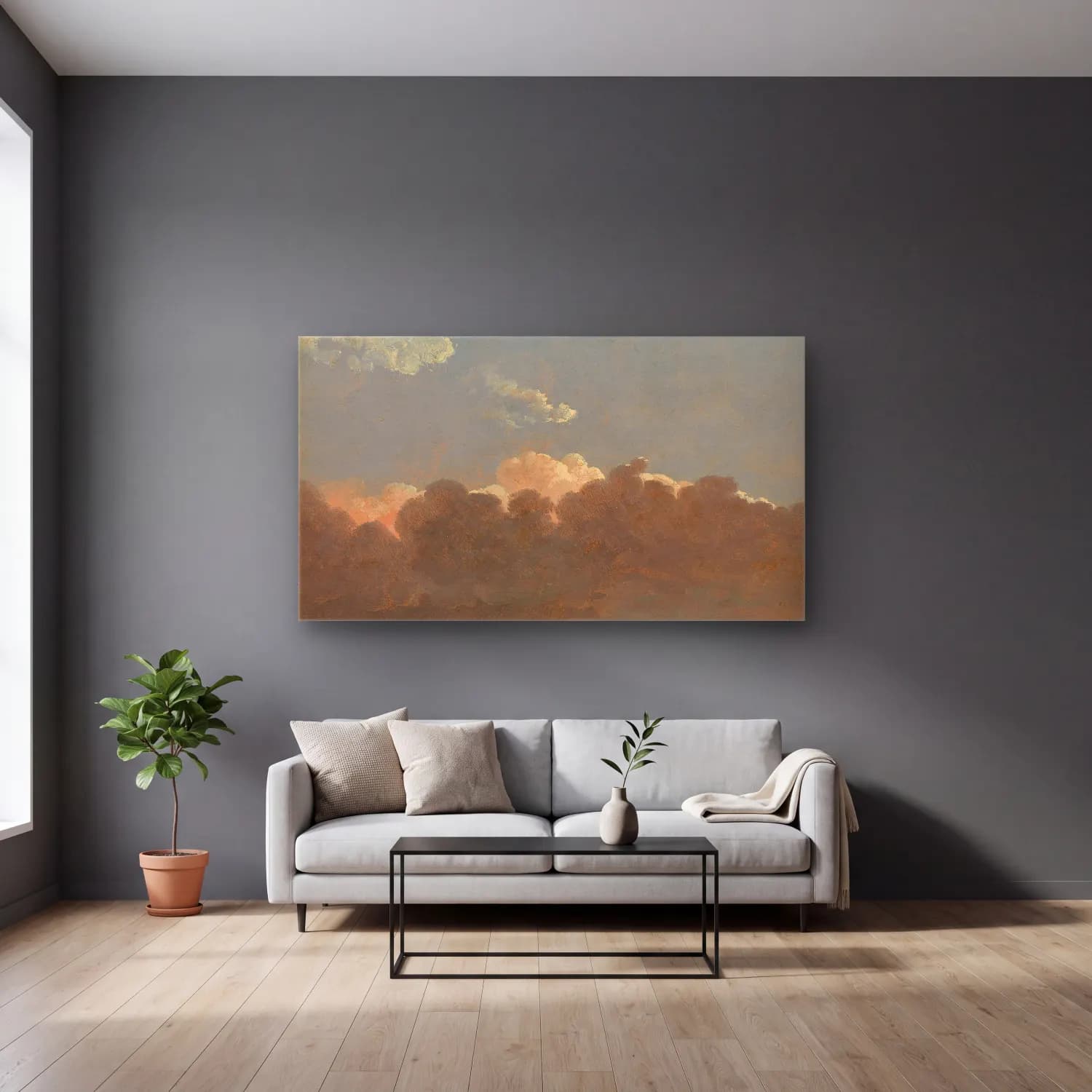 Simon Denis – Cloud Study (Distant Storm) (ca. 1786–1806) cam tablo — gri duvarlı salonda