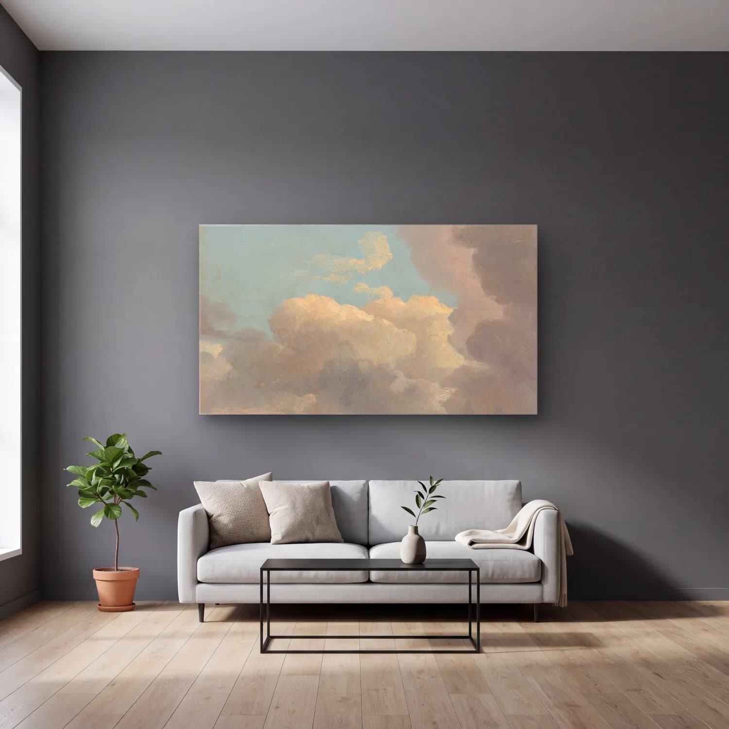 Simon Denis – Cloud Study (Early Evening) (ca. 1786–1806) cam tablo — gri duvarlı salonda