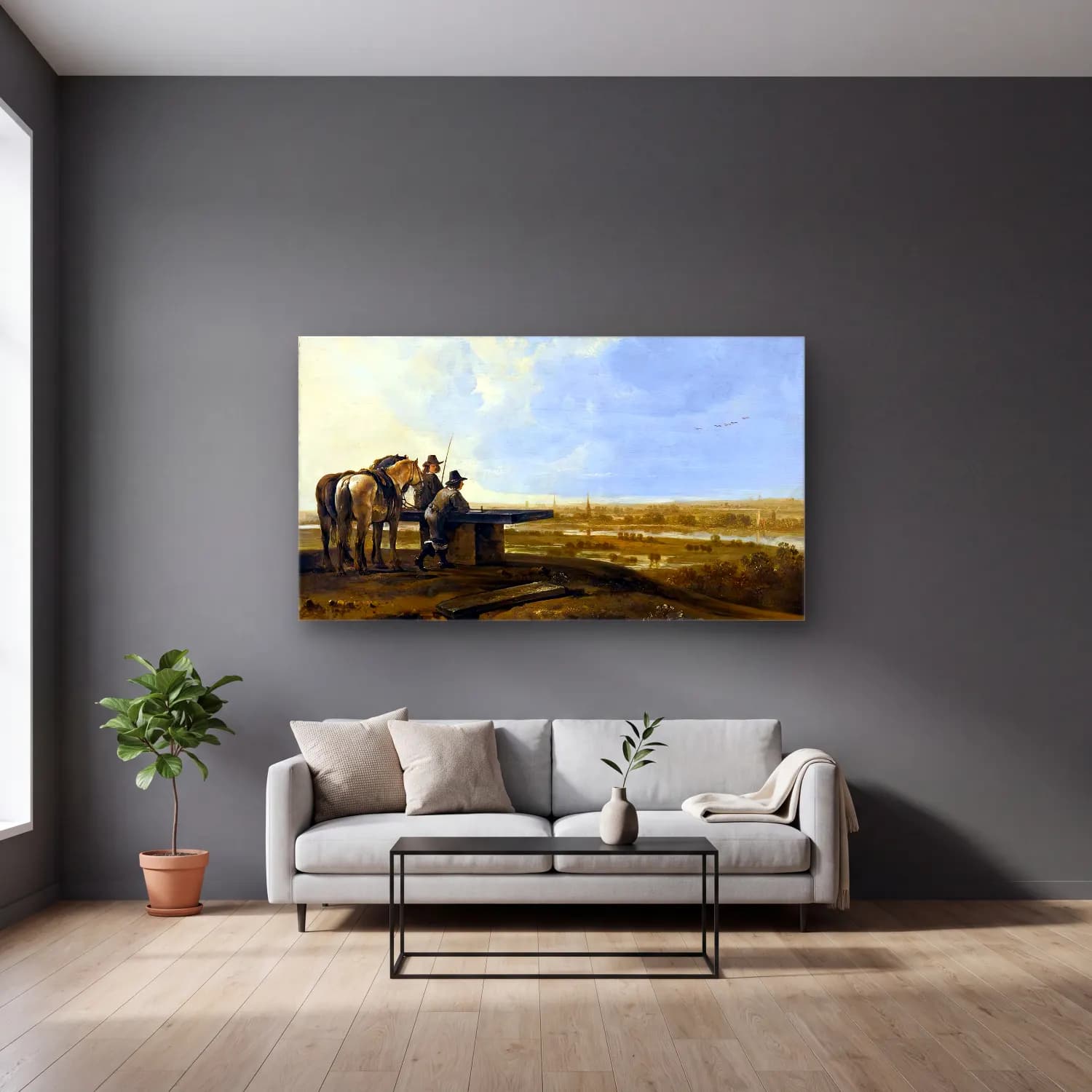 Aelbert Cuyp – Panoramic Landscape cam tablo — gri duvarlı salonda