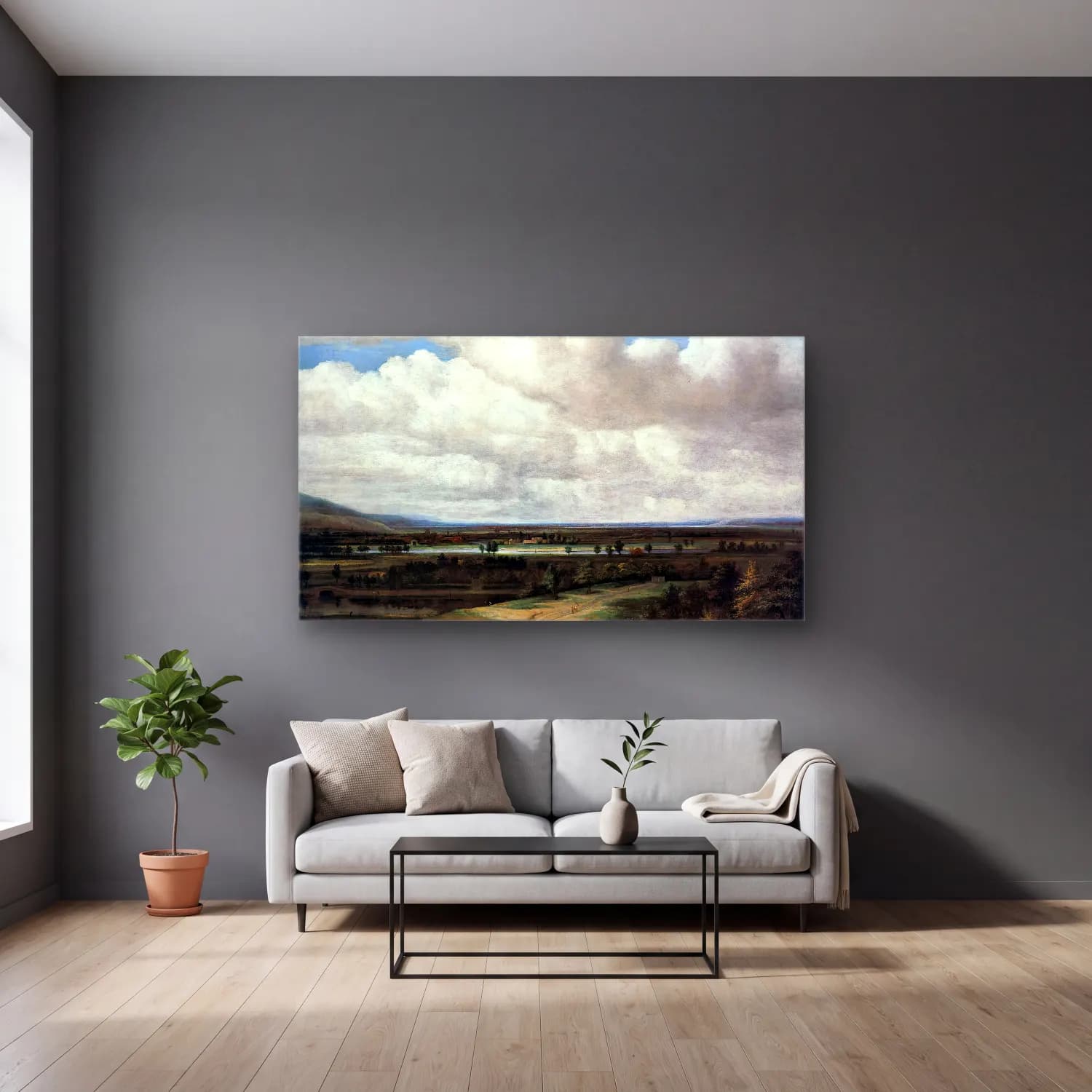 Philips Koninck – Panoramic Landscape with a Country Estate cam tablo — gri duvarlı salonda