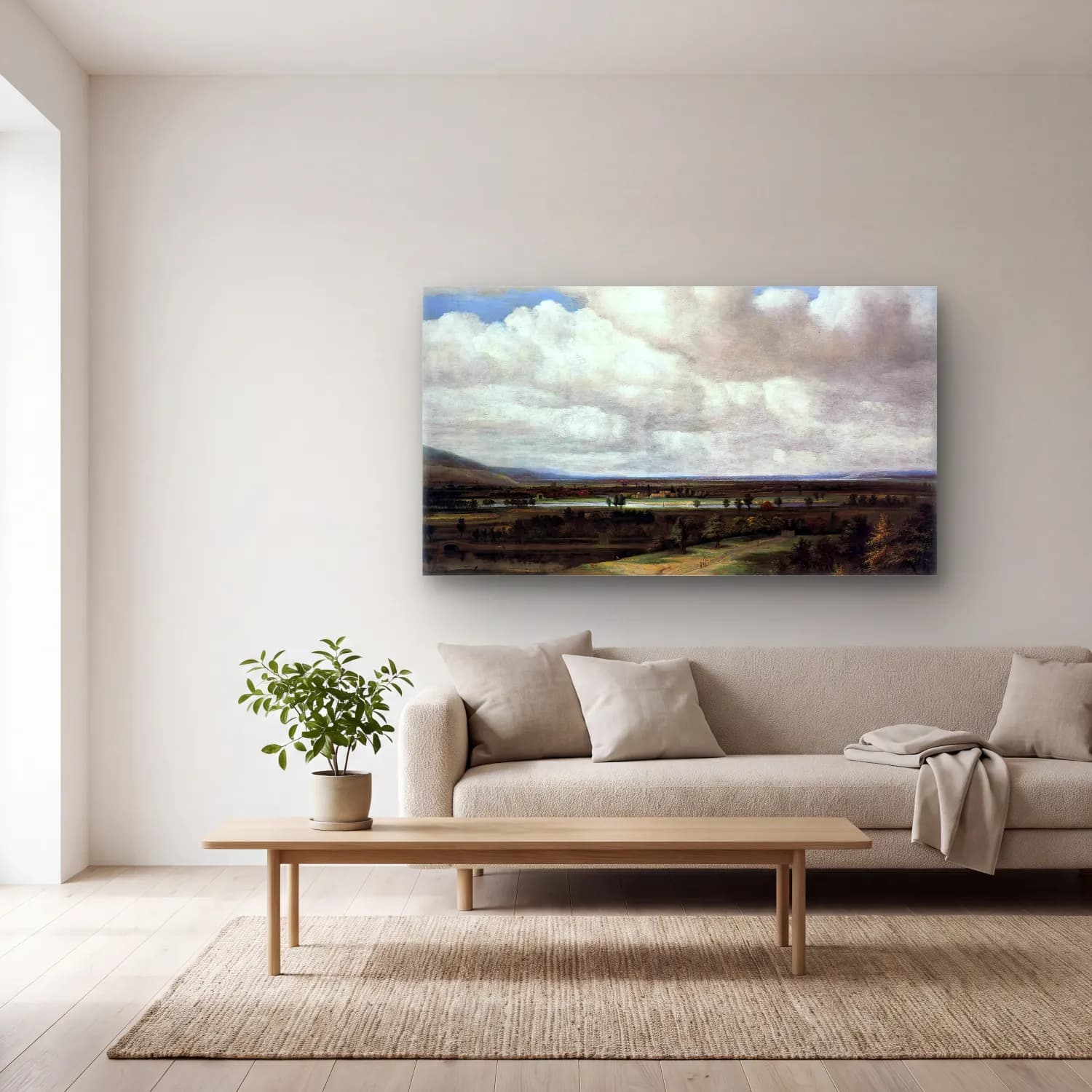 Philips Koninck – Panoramic Landscape with a Country Estate cam tablo — açık renk salonda