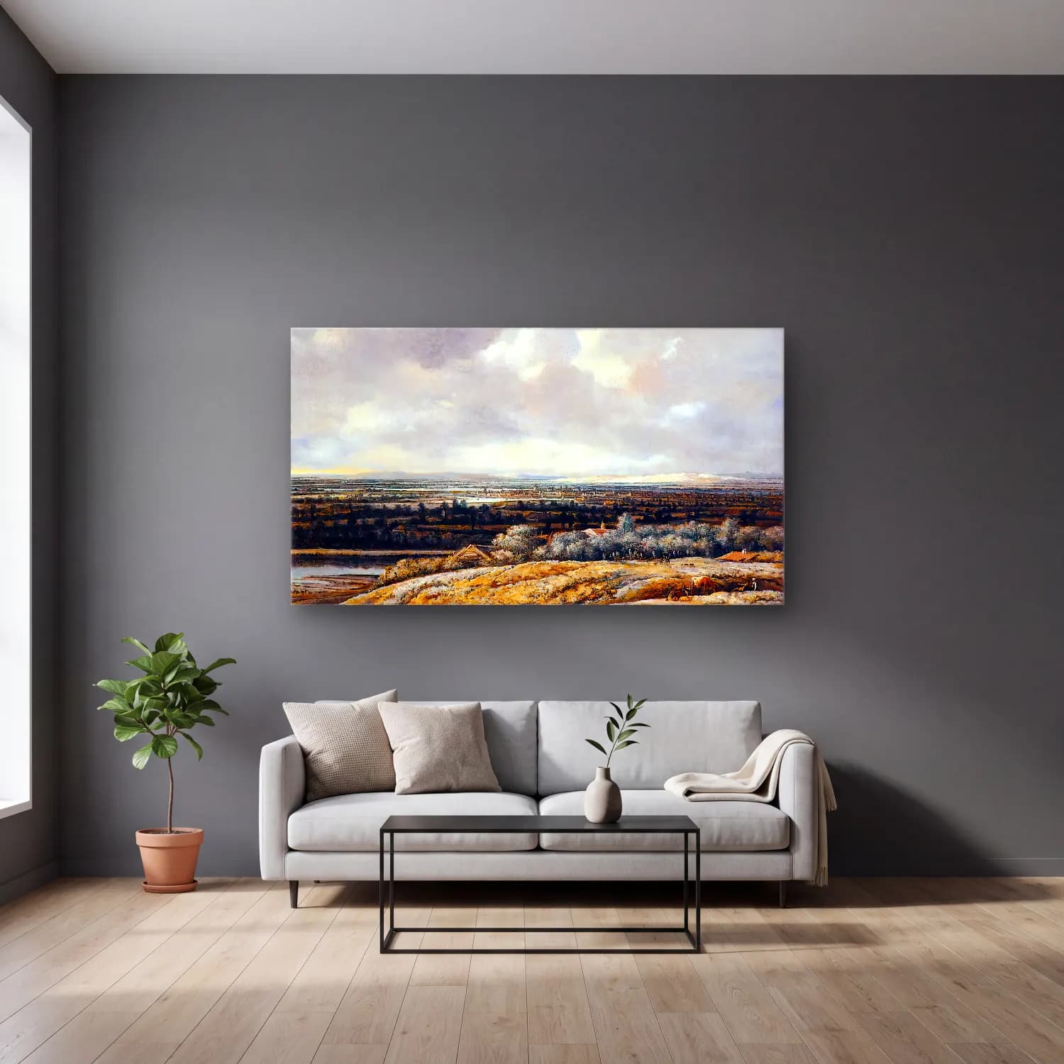 Philips Koninck – Panoramic View cam tablo — gri duvarlı salonda