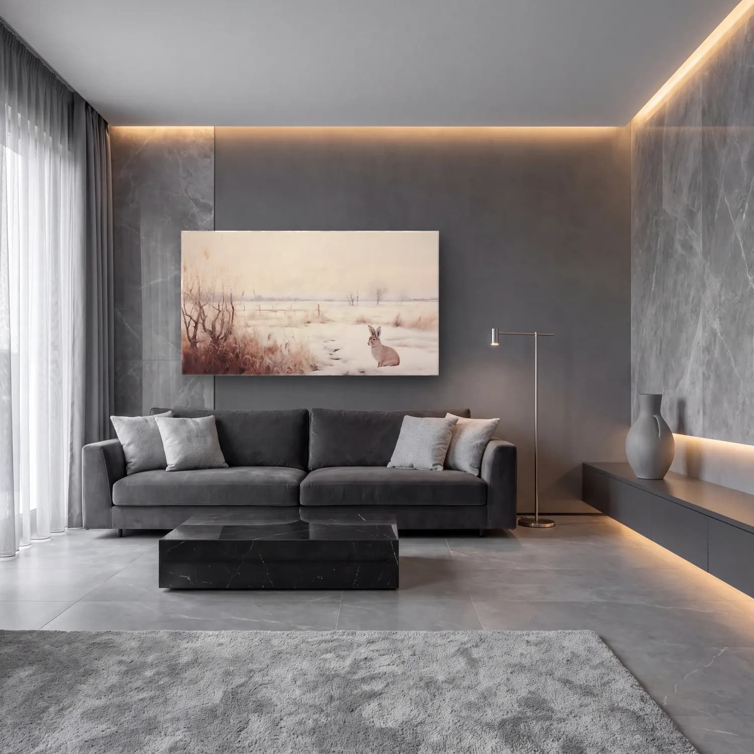 Yağlı Boya Karlı Kış Manzarası No. 44 cam tablo — lüks salon duvarında