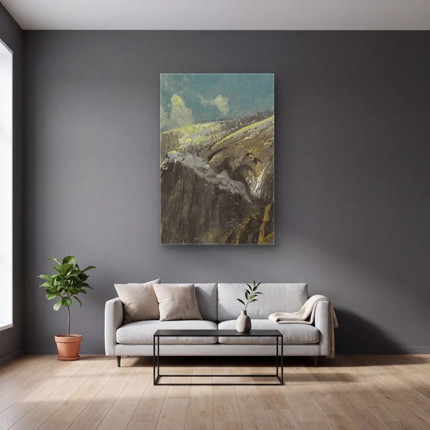 Albert Bierstadt – Above the timberline – Pastel Tonlar cam tablo — gri duvarlı salonda
