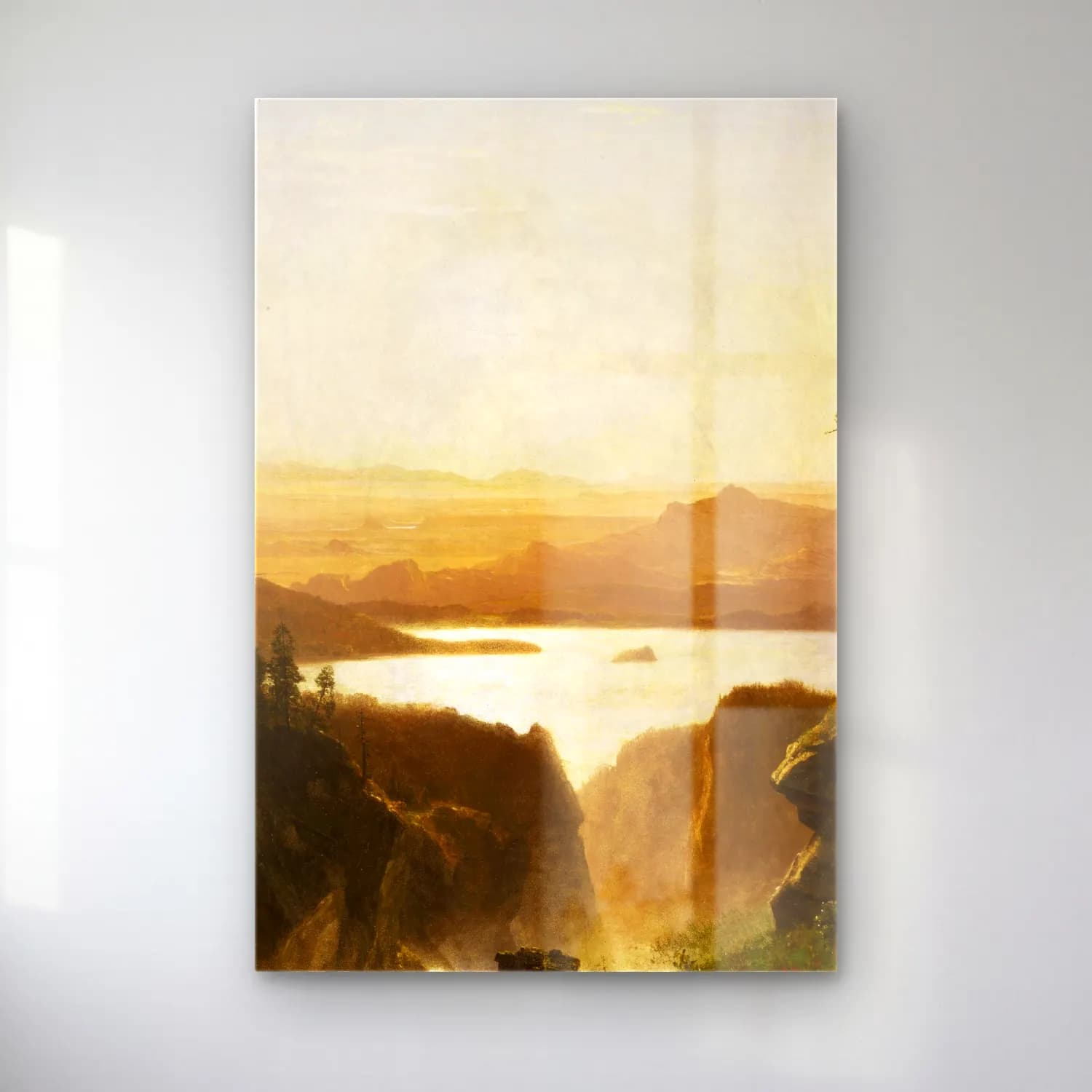 Albert Bierstadt – Island Lake, Wind River Range, Wyoming – Sarı Tonlar cam tablo — Albert Bierstadt – Island Lake, Wind River Range, Wyoming – Sarı Tonlar — yağlı boya göl ve dağlar