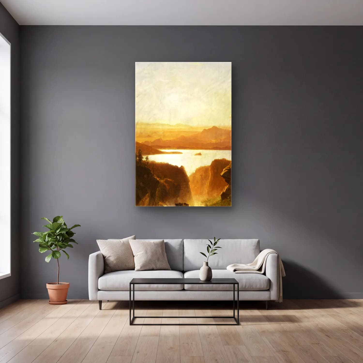 Albert Bierstadt – Island Lake, Wind River Range, Wyoming – Sarı Tonlar cam tablo — gri duvarlı salonda