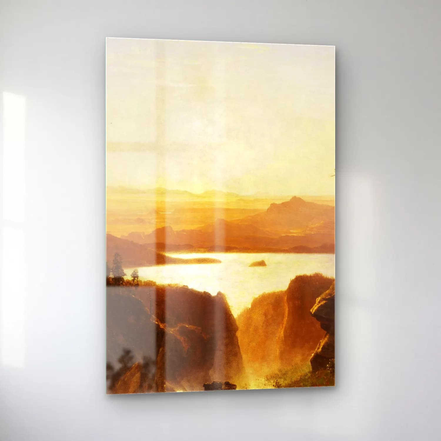 Albert Bierstadt – Island Lake, Wind River Range, Wyoming – Sarı Tonlar cam tablo — sol açıdan görünüm