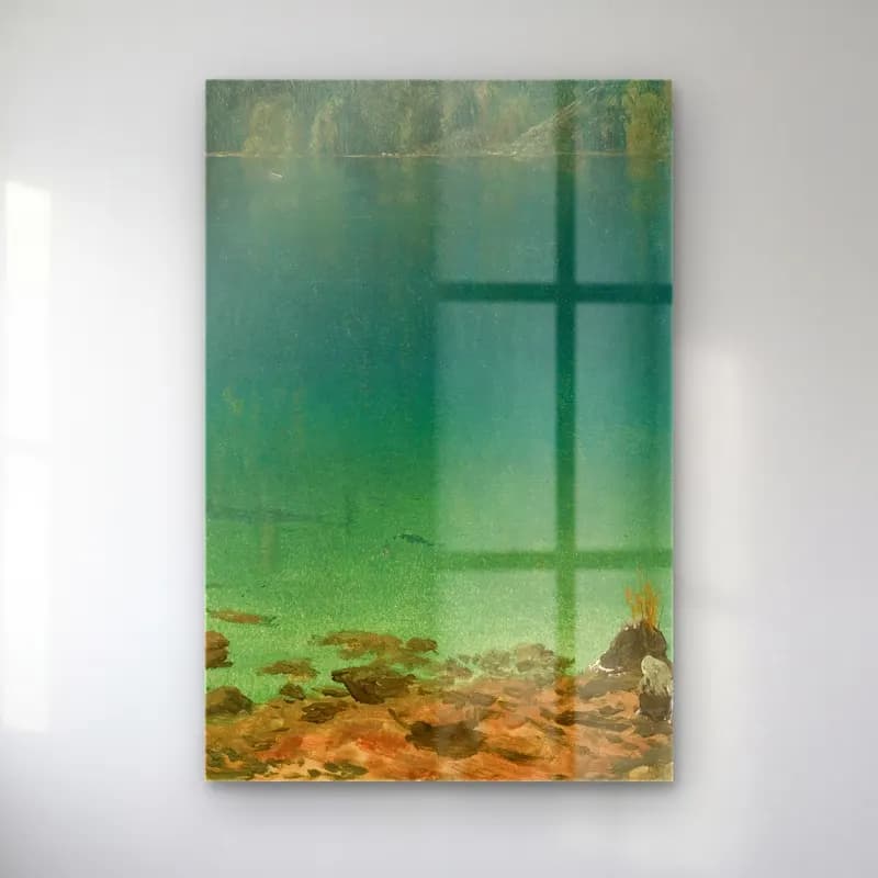 Albert Bierstadt – Lake Scene – Turkuaz Tonlar cam tablo — Albert Bierstadt – Lake Scene – Turkuaz Tonlar — yağlı boya sakin deniz ufku
