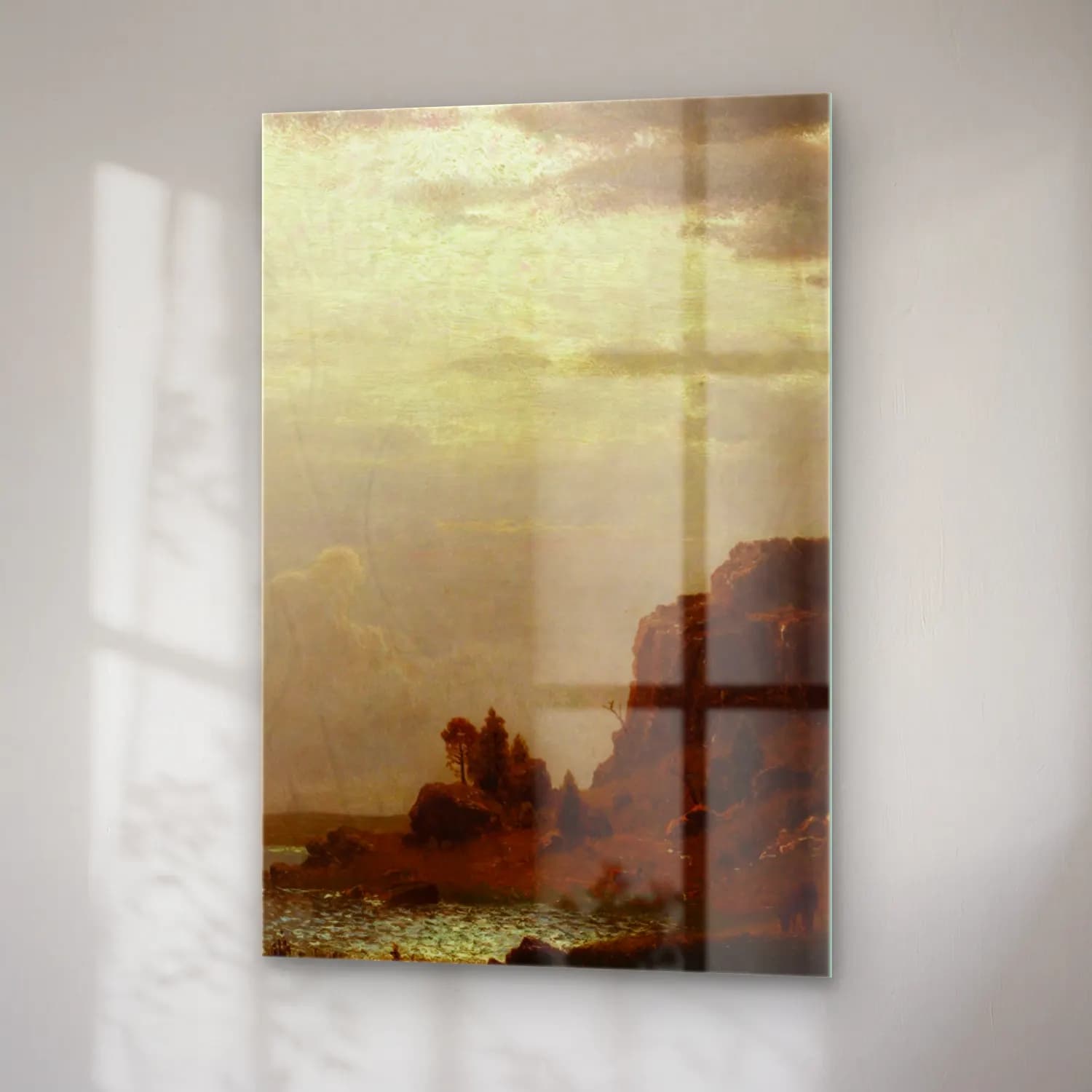 Albert Bierstadt – On the Sweetwater near the Devil’s Gate – Bej Tonlar cam tablo — sağ açıdan görünüm